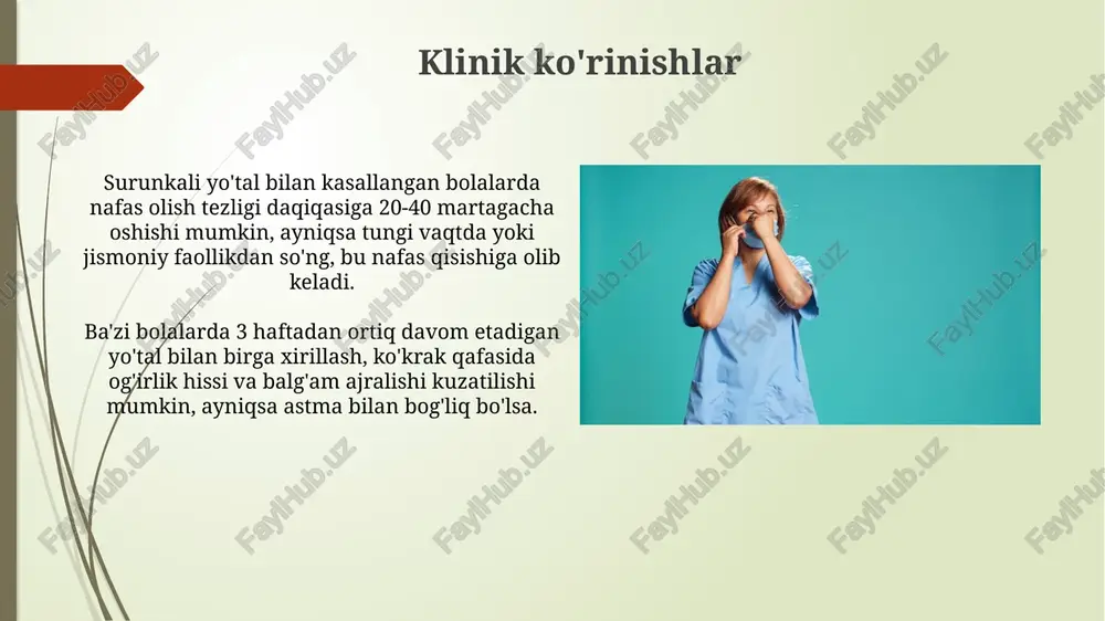 ehtiyot bo'lish kerak. dori vositalari bilan davolash ko'p hollarda 5 yoshgacha bo'lgan bolalarda balg'am ko'chiruvchi dorilar tavsiya etilmaydi, chunki ular samaradorligi isbotlanmagan va nojo'ya ta'sirlar xavfi yuqori bo'lishi mumkin. antibiotiklar faqat bakterial infektsiya aniqlanganda qo'llaniladi. virusli infeksiyalarda ularning samarasizligi tufayli ularni asossiz ravishda qo'llash antibiotiklarga chidamlilikni oshiradi. kasalxonaga yotqizish ko'rsatmalari nafas olish tezligining oshishi, masalan, 6 oylikdan kichik bolalarda daqiqada 60 tadan ko'p yoki katta yoshdagi bolalarda daqiqada 40 tadan ko'p bo'lsa, kasalxonaga yotqizishni talab qilishi mumkin. siyanoz (lablar yoki terining ko'karishi) yoki nafas olishda yordamchi mushaklarning qatnashishi (qovurg'alar orasidagi tortilish) kuzatilsa, bu holat bolaning jiddiy nafas olish buzilishini ko'rsatadi va darhol kasalxonaga yotqizish zarur. e'tiboringiz uchun rahmat image1.jpg image2.jpg image3.jpg image4.jpg image5.jpg image6.jpg image7.jpg image8.jpg image9.jpg image10.jpg image11.jpg image12.jpg image13.jpg image14.jpg image15.jpg image16.jpg image17.jpg
