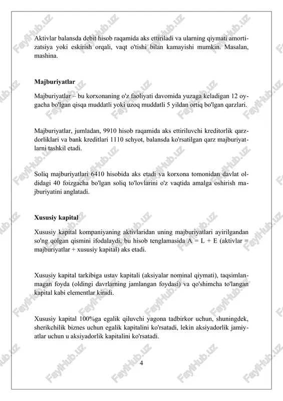 lk yoki xizmat ko'rinishida bo'lishi mumkin, shuningdek, ularning qiymati belgilanishi shart. sheriklikning foydasi va zarari sheriklik shartnomasida belgilangan nisbatga ko'ra taqsimlanadi, agar shartnomada ko'rsatilmagan bo'lsa, unda foyda va zarar teng ravishda, ya'ni 50/50 taqsimlanadi. o'zbekiston respublikasi qonunchiligiga ko'ra, sheriklikda har bir sherikning javobgarligi uning ulushi bilan cheklanmaydi, balki ular sheriklikning majburiyatlari bo'yicha birgalikda va to'liq javobgardirlar. korporatsiya korporatsiya, 1990-yillarda rossiyada xususiylashtirish natijasida vujudga kelgan yirik sanoat holdingi bo'lib, ko'pincha tabiiy resurslar sohasida dominant mavqega ega edi. korporatsiyaning moliyaviy hisobotlari, ayniqsa aktivlar baholash metodologiyasi, 30% gacha nomuvofiqliklarni ko'rsatishi mumkin, bu esa investitsiya qarorlariga ta'sir qiladi. korporatsiyaning aktivlari tarkibida 75% asosiy vositalar (kon uskunalari, infratuzilma) bo'lishi mumkin, ularning eskirishi 10 yildan ortiq muddatga hisoblanadi. sub'ekt va ob'ekt o'rtasidagi bog'liqlik sub'ektning faoliyati (masalan, 100 ta operatsiya) ob'ektlar (pul mablag'lari, 50 ta asosiy vosita) ustida amalga oshiriladi; bu bog'liqlik hisobotda aks etishi shart. buxgalteriya sub'ekti (korxona) moliyaviy hisobotlarni tuzadi, bu hisobotlar ob'ektlar (aktivlar, majburiyatlar, …