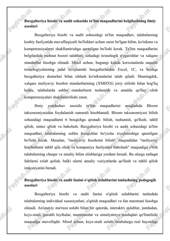 liyatini baholashga imkon beradi. misol uchun, talabalarga korxonaning moliyaviy holati to'g'risida ma'lumot berilib, ular moliyaviy tahlilni o'tkazishlari, asosiy xatarlarni aniqlashlari va korxonaning moliyaviy barqarorligini oshirish bo'yicha tavsiyalar berishlari kerak. bundan tashqari, baholash tizimi ochiqlik, shaffoflik va adolatlilik tamoyillariga asoslanishi lozim. baholash mezonlari va uslublari talabalarga oldindan ma'lum qilinishi va ularning tushunish darajasi ta'minlanishi kerak. 📊 "buxgalteriya hisobi va audit" sohasida ta'lim jarayonini tashkil etishning ilmiy asoslari bo'yicha asosiy ma'lumotlar ushbu statistika ta'lim jarayonini tashkil etishning ilmiy asoslarining turli jihatlarini ko'rsatadi. o'quv dasturlarining kasbiy standartlarga muvofiqligi 90% o'quv dasturlari kasbiy standartlarga to'liq mos keladigan kurslarning foizi. baholash uslublarini ishlab chiqish bo'yicha ilmiy tadqiqotlar soni 15 so'nggi 5 yilda baholash uslublarini takomillashtirish bo'yicha o'tkazilgan ilmiy tadqiqotlar soni. ish beruvchilarning bitiruvchilarning tayyorgarlik darajasidan qoniqish darajasi 80% ish beruvchilarning bitiruvchilarning amaliy ko'nikmalaridan qoniqish foizi. o'quv jarayonida zamonaviy texnologiyalardan foydalanish darajasi 75% o'quv jarayonida zamonaviy texnologiyalardan foydalanadigan o'qituvchilarning foizi. talabalarning mustaqil ta'lim olish uchun ajratilgan …