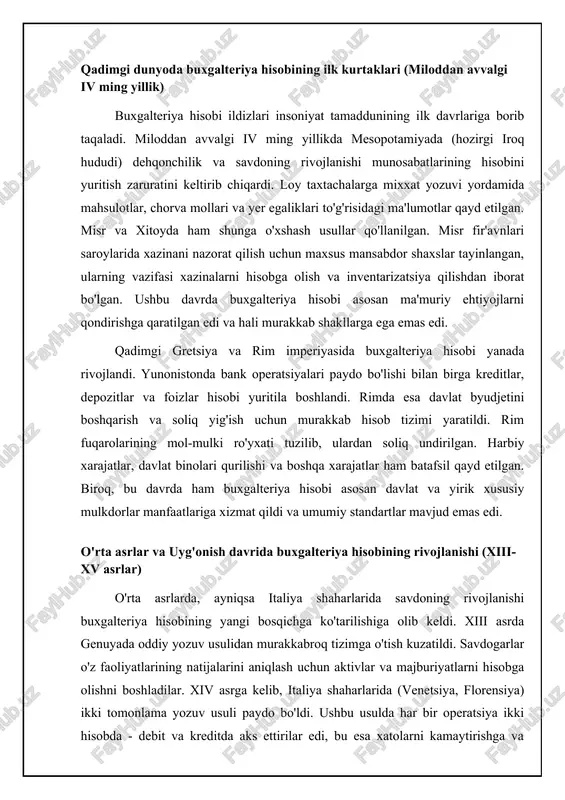 sishi, bank tizimining rivojlanishi va xalqaro aloqalarning mustahkamlanishi pachioli tizimining tez tarqalishiga va buxgalteriya hisobi sohasining professionallashuviga olib keldi. 📈 iqtisodiy rivojlanish va savdo-sotiqning buxgalteriya hisobi va auditga ta'siri (1500-2000) ushbu chizma iqtisodiy rivojlanish va savdo hajmining o'zgarishi buxgalteriya hisobi va auditning rivojlanishiga qanday ta'sir etganini ko'rsatadi. qonunchilik va tartibga solishning ta'siri buxgalteriya hisobi va auditning rivojlanishiga ta'sir etuvchi muhim omillardan yana biri davlat tomonidan qabul qilingan qonunchilik va tartibga solishlardir. xviii-xix asrlarda sanoat inqilobi davrida korxonalarning o'sishi va moliyaviy bozorlarning rivojlanishi investorlarni himoya qilish va moliyaviy shaffoflikni ta'minlash zaruratini tug'dirdi. bu esa, aksiyadorlar manfaatlarini himoya qilish maqsadida, kompaniyalar tomonidan moliyaviy hisobotlarni e'lon qilish talabini o'z ichiga olgan qonunlarning qabul qilinishiga olib keldi. masalan, 1844-yilda buyuk britaniyada qabul qilingan kompaniyalar to'g'risidagi qonun (joint stock companies act 1844) birinchi marta kompaniyalarning moliyaviy hisobotlarini mustaqil auditorlar tomonidan tekshirish talabini qo'ydi. xx asrda, ayniqsa, 1929-yilgi buyuk depressiyadan keyin, moliyaviy hisobotlarning standartlashtirilishi va tartibga …