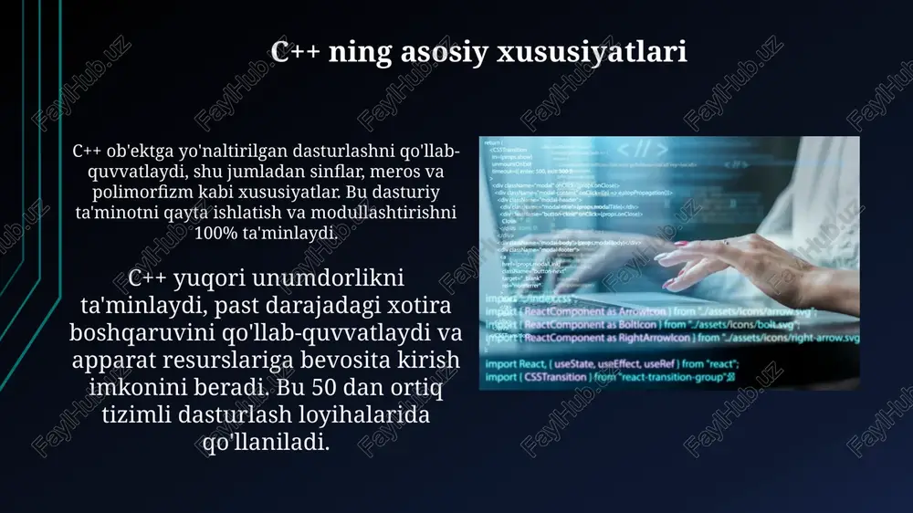 boshqarishni osonlashtiradi, 4.x va 5.x versiyalari keng tarqalgan. c++ gui dasturlari uchun ko'plab idelar mavjud, masalan, microsoft visual studio va qt creator, ularda vizual dizaynerlar 2.0 interfeyslarni yaratishga yordam beradi. c++ va boshqa tillar bilan integratsiya c++ extern "c" dan foydalanib, c kutubxonalari bilan bevosita bog'lanishi mumkin, bu c funktsiyalarining c++ kodida 1:1 qo'llanilishini ta'minlaydi. python c++ api pybind11 kabi vositalar python va c++ o'rtasida o'zaro ta'sir qiluvchi modullarni yaratadi, shu bilan python skriptlari c++ funktsiyalarini chaqirishi mumkin. xulosa c++ dasturlash tili xotirani 0 dan 100% gacha boshqarish imkoniyatini beradi, bu esa xotira resurslarini optimallashtirish uchun muhim ahamiyatga ega. c++ interfeysi obyektga yo'naltirilganlik, shablonlar va standart kutubxona kabi xususiyatlarni o'z ichiga oladi, bu esa murakkab dasturlarni yaratishni osonlashtiradi. e'tiboringiz uchun rahmat image1.png image2.jpg image3.jpg image4.jpg image5.jpg image6.jpg image7.jpg image8.jpg image9.jpg image10.jpg image11.jpg image12.jpg image13.jpg image14.jpg image15.jpg image16.jpg image17.jpg image18.jpg
