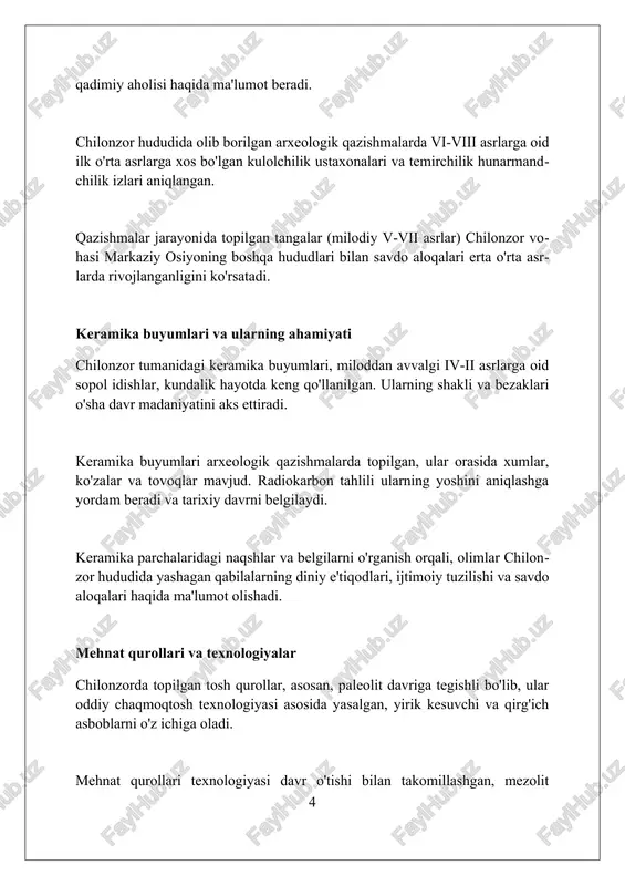 vdo yoʻllari chorrahasida joylashganidan dalolat beradi. meʼmoriy tuzilmalar orasida pishiq gʻishtlardan qurilgan xonalarning asoslari, oʻchoqlar va xoʻjalik ishlarida foydalanilgan quduqlar aniqlangan. savdo aloqalari va madaniy ta'sirlar chilonzor hududida topilgan tangalar miloddan avvalgi ii asrdan milodiy viii asrgacha boʻlgan davrlarni qamrab oladi va savdo aloqalari 1000 yil davom etganini koʻrsatadi. kulolchilik buyumlari orasida xitoyning song sulolasi davriga oid (960-1279 yy.) chinni idishlarining parchalari topilgani madaniy almashinuv 300 yildan koʻproq davom etganligidan dalolat beradi. markaziy osiyo va hindiston oʻrtasida olib borilgan savdo natijasida milodiy iv-vii asrlarga oid kushon sanʼatiga xos boʻlgan haykalchalar topilgani bu hududning 400 yillik aloqalarini tasdiqlaydi. yodgorliklarni saqlash va himoya qilish o‘zbekiston respublikasining “madaniy meros obyektlarini muhofaza qilish va ulardan foydalanish to‘g‘risida”gi qonuni, 697-son, 2021-yil, yodgorliklarni saqlash va himoya qilishning asosiy me'yoriy hujjati hisoblanadi. chilonzor tumanidagi arxeologik yodgorliklarni himoya qilish maqsadida mahalliy hokimliklar tomonidan 1996-yildan boshlab muntazam ravishda 3 yillik reja asosida monitoring va konservatsiya ishlari olib boriladi. davlat …