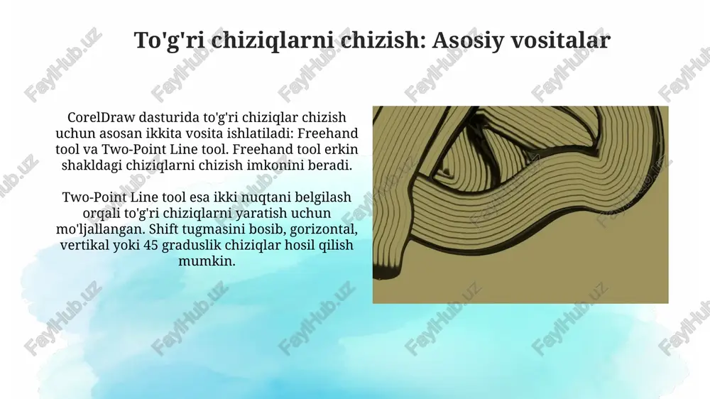 i dokeridan foydalaning, u yerda 0,1 mm dan 10 mm gacha yoki undan ko'proq qalinlikni aniqlik bilan belgilashingiz mumkin. rangni sozlash uchun to'ldirish va kontur dialog oynasidan foydalaning. cmyk, rgb yoki rang palitrasidan rangni tanlang va 16 milliondan ortiq rang variantlaridan birini tanlang. chiziqlarga strelkalar qo'shish coreldraw dasturida chiziqlarga strelkalar qo'shish uchun, ob'ekt xususiyatlari dockerida 'chiziq' bo'limida turli xil strelka uslublari va ularning o'lchamlarini sozlash imkoniyati mavjud. masalan, 1 dan 10 gacha o'lchamdagi strelka boshi tanlanishi mumkin. strelka shaklini chiziqning boshiga, oxiriga yoki ikkala tomoniga ham qo'shish mumkin. chiziqning boshidagi strelka 'boshlang'ich strelka boshi' va oxiridagi strelka 'yakuniy strelka boshi' parametrlari orqali boshqariladi. xulosa chiziqlarni to'g'ri va egri chizish coreldraw dasturida 100 dan ortiq imkoniyatlar yaratadi, shakllarni aniq boshqarish, grafikalar va dizaynlarni optimallashtirish imkonini beradi. coreldraw'da 7 xil usuldagi chiziqlar orqali vektorli grafikalar yaratishda 50 dan ortiq effektlar bilan tajriba o'tkazing, vizual qiziqarli va professional natijalarga erishing. e'tiboringiz uchun rahmat …