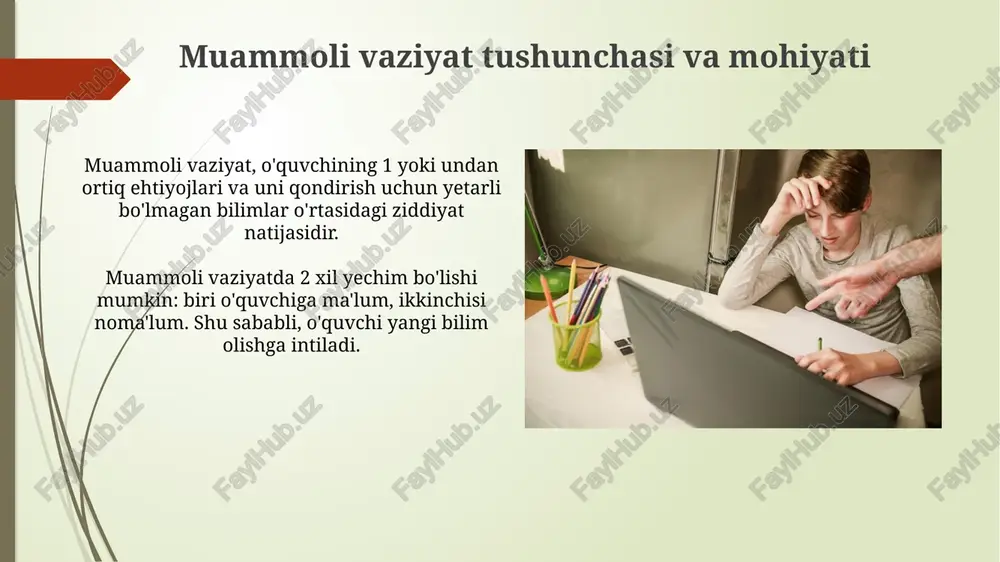 ash, strategik yechimlar topish uchun muhim 4 ta omilni o'rganish demakdir. muammoli vaziyatlarni tuzishda o'qituvchining roli o'qituvchi muammoli vaziyatni yaratishda "bilish zonasining yaqin rivojlanishi" tamoyiliga asoslanib, 70-80% qiyinlikdagi topshiriqlarni qo'llashi lozim. o'qituvchi muammoli vaziyatni loyihalashtirishda, o'quvchilarning 5-6 ta asosiy xatosini aniqlab, ularni bartaraf etishga qaratilgan 3-4 ta savol berishi kerak. xulosa va tavsiyalar xulosa qismida, dars davomidagi muammoli vaziyatlardan olingan 3 asosiy saboqlarni umumlashtiring, ularning pedagogik amaliyotga ta'sirini 2 yo'nalishda baholab, kelajak uchun xulosalar chiqaring. tavsiyalarda, 5 qadamdan iborat aniq harakat rejasini taqdim eting: muammolarni oldindan aniqlash, resurslarni jalb qilish, hamkorlikni kuchaytirish, monitoringni o'rnatish va natijalarni baholash. e'tiboringiz uchun rahmat image1.jpg image2.jpg image3.jpg image4.jpg image5.jpg image6.jpg image7.jpg image8.jpg image9.jpg image10.jpg image11.jpg image12.jpg image13.jpg image14.jpg image15.jpg image16.jpg image17.jpg