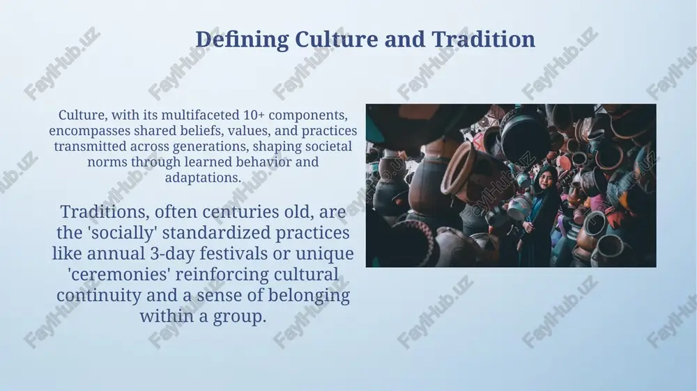 contributes to cultural exchange by introducing products and practices from one culture to another, impacting consumption patterns and social norms worldwide since the 1980s. preserving cultural heritage unesco's 1972 world heritage convention protects over 1,100 sites. these international laws require nations to conserve cultural and natural areas deemed to be of outstanding value to humanity. oral traditions are preserved through digital archives and community workshops. these record stories for future generations, protecting intangible heritage that is not represented by physical objects. the future of traditions digital platforms and immersive technologies, like vr, are expected to play a significant role in preserving and evolving traditions. 50% of younger generations will experience simulated cultural events by 2030. globalization and migration patterns will lead to the fusion of traditions, creating hybrid cultural practices. expect a 30% increase in cross-cultural festivals and blended traditions by 2040. conclusion: celebrating diversity recognizing cultural traditions yields a …