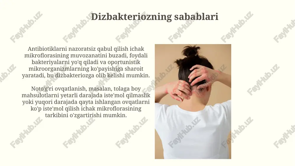 dermatomiozit natijasida disfagiya yuzaga kelishi mumkin, bu esa 50% gacha bemorlarda uchraydi va aspiratsion pnevmoniya xavfini oshiradi, chunki ovqat o'pkalarga kirib ketishi mumkin. interstisial o'pka kasalligi dermatomiozit bilan kasallanganlarning 30-40% ida rivojlanishi mumkin, bu nafas qisishi va surunkali yo'talga olib keladi va o'pka funktsiyasini pasaytiradi. differensial diagnostika: dizbakterioz, alport sindromi va dermatomiozit dizbakteriozda najas tahlili mikroorganizmlar nisbatini aniqlaydi, alport sindromi esa siydik tahlilida qon va oqsillarni ko'rsatadi, dermatomiozitda esa qon tahlili mushak fermentlarini oshiradi. alport sindromi va dermatomiozitning differensial diagnostikasida genetik testlar muhim rol o'ynaydi, col4a3/4/5 mutatsiyalari alport sindromini tasdiqlaydi, miozit-spesifik autoantitelalar dermatomiozitni ko'rsatadi. ushbu kasalliklar bilan yashash sifati va yangi tadqiqotlar dizbakterioz bilan yashash sifati probiyotiklar va prebiyotiklar orqali yaxshilanishi mumkin; tadqiqotlar shuni ko'rsatdiki, 16s rrna genini ketma-ketlashtirish usullari mikroblarni yaxshiroq aniqlaydi. alport sindromi bilan yashash sifati buyrak transplantatsiyasi bilan yaxshilanadi; tadqiqotlar col4a3/col4a4 genlariga qaratilgan, crispr kabi gen terapiyasi umidli 2023-yilgi tadqiqotlarda ko'rsatilgan. e'tiboringiz uchun rahmat image2.jpg image3.jpg image4.jpg …