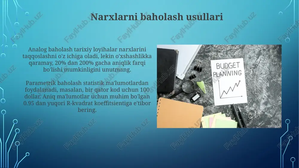 ar rejasini puxta tahlil qilishni o'z ichiga oladi. tasdiqlash bosqichi manfaatdor tomonlarning qo'llab-quvvatlashini ta'minlaydi, bu esa loyihaning muvaffaqiyatli bajarilishi uchun muhim ahamiyatga ega, ayniqsa moliyalashtirishning aniq manbalarini ko'rsatish orqali. xarajatlarning variatsiyasi xarajatlarning o'zgarishi (cv) byudjetdagi xarajatlar va haqiqiy xarajatlar o'rtasidagi farqni o'lchaydi, masalan, -1000 so'm cv loyihaning byudjetdan 1000 so'mga oshib ketganini ko'rsatadi. xarajatlarning o'zgarishi foizini hisoblash byudjetga nisbatan ortiqcha xarajatlar yoki tejash darajasini aniqlashga yordam beradi; masalan, 10% cv byudjetdan 10 foizga oshib ketishni anglatadi. moliyaviy hisobotlilik moliyaviy hisobotlilik loyiha byudjetining 10 foizdan ortiq og'ish holatlari, asosiy xarajatlar sabablari va tasdiqlangan o'zgarish buyurtmalari haqida batafsil ma'lumot berishni talab qiladi. loyiha moliyaviy hisobotlari doimiy ravishda (masalan, har oyda) tayyorlanishi kerak, pul oqimi prognozlari va rejalashtirilgan xarajatlarga nisbatan haqiqiy xarajatlar o'zgarishini aks ettirishi kerak. e'tiboringiz uchun rahmat image3.jpg image4.jpg image5.jpg image6.jpg image7.jpg image8.jpg image9.jpg image10.jpg image11.jpg image12.jpg image13.jpg image14.jpg image15.jpg image16.jpg image17.jpg image18.jpg image19.jpg image2.png