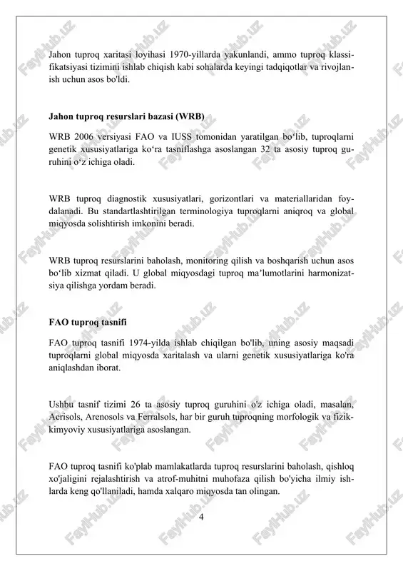 sod (global assessment of soil degradation), 1990-yillarda global miqyosda tuproq tanazzulining 15% qishloq xo'jaligi yerlariga ta'sirini ko'rsatdi. tuproq degradatsiyasini xaritalash tuproq unumdorligining pasayishi, 25% organik moddaning yo'qolishi va 30% biologik xilma-xillikning kamayishi kabi aniq ko'rsatkichlarni aks ettirishi kerak. iqlim o'zgarishi va tuproq xaritasi iqlim o'zgarishi tuproq xaritalarining aniqligiga ta'sir qiladi, chunki harorat va yog'ingarchilikning o'zgarishi tuproq hosil bo'lish jarayonlariga sezilarli ta'sir ko'rsatadi. global isish natijasida muzliklarning erishi va dengiz sathining ko'tarilishi natijasida qirg'oq bo'yi tuproqlari xaritalarida tuz miqdorining oshishi kuzatilmoqda, bu esa qishloq xo'jaligiga zarar yetkazadi. tuproq xaritalari, global iqlim modellarini kalibrlash uchun ishlatilishi mumkin, bu esa kelajakdagi iqlim o'zgarishlarining tuproq unumdorligiga ta'sirini bashorat qilishda muhim rol o'ynaydi. tuproq xaritalarining amaliy qo'llanilishi tuproq xaritalari qishloq xo'jaligida ekinlarni to'g'ri joylashtirishga yordam beradi, hosildorlikni oshirish uchun optimal o'g'itlash rejimlarini ishlab chiqishda muhim rol o'ynaydi. tuproq xaritalari qurilishda yer tanlash va zaminga qo'yiladigan talablarni aniqlash, yer osti suvlarining harakatini bashorat qilishda muhim ahamiyatga …