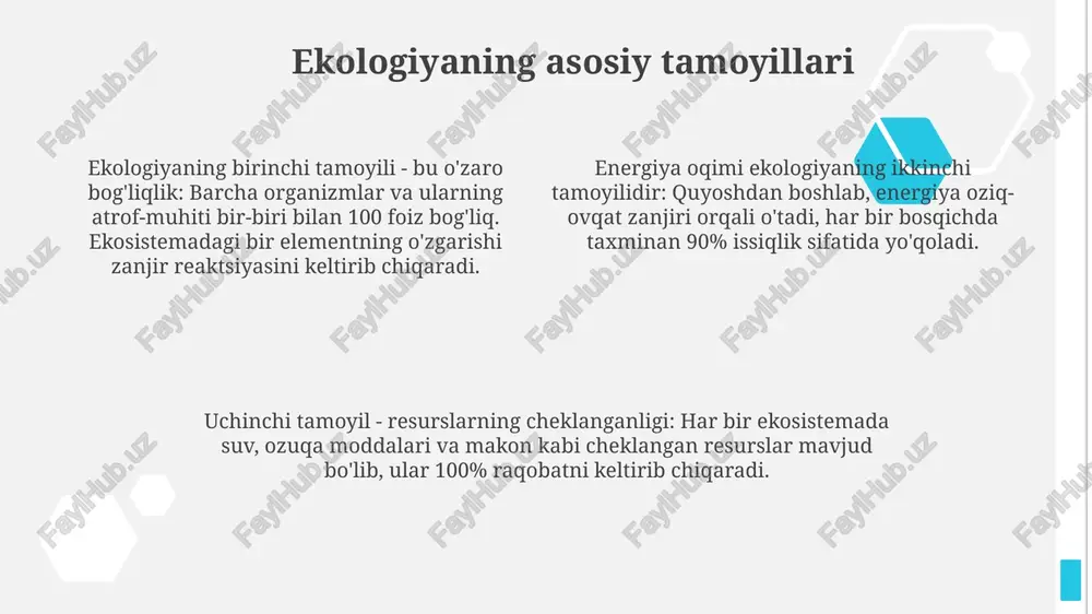 istonda ekologik vaziyat mamlakatda cho'llanish jarayoni keng tarqalgan bo'lib, yaylovlar degradatsiyasi natijasida har yili 50 ming gektardan ortiq yer cho'lga aylanib, bioxilma-xillikka xavf solmoqda. orol dengizining qurishi o'zbekistondagi eng katta ekologik muammo bo'lib, 40 ming km² dan ortiq maydon qurg'oqchillashib, mintaqa iqlimiga salbiy ta'sir ko'rsatmoqda. o'zbekistonda sanoat korxonalarining chiqindilari natijasida tuproq va suvning ifloslanishi yuqori darajada bo'lib, ayniqsa, surxondaryo viloyatida 10 ming gektardan ortiq yerlar zarar ko'rgan. ekologik ta'lim va tarbiya ekologik ta'limda, 5-9 sinflarda ekologik muammolarni o'rganish, 2030 yilgacha bo'lgan davrda barqaror rivojlanish maqsadlariga erishish uchun muhim rol o'ynaydi. ekologik tarbiya bolalarda 3 yoshdan boshlab tabiatga mehr uyg'otish, 10 asosiy ekologik qoidalarni o'rgatish orqali atrof-muhitga mas'uliyatli munosabatni shakllantiradi. ekologik ta'lim va tarbiya 2 xil shaklda, ya'ni formal (maktab) va noformal (seminarlar) shakllarda amalga oshirilib, 7 milliarddan ziyod aholi uchun barqaror kelajakni ta'minlaydi. e'tiboringiz uchun rahmat image1.png