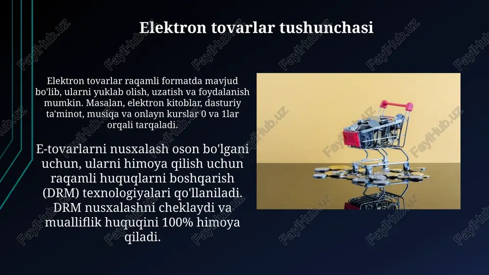 oʻrin tutadi, xarajatlarni kamaytiradi va global bozorni rivojlantirishga hissa qoʻshadi. e-bozorlarning huquqiy jihatlari, shu jumladan ma'lumotlar xavfsizligi (gdpr) va iste'molchilar huquqlarini himoya qilish, biznesning muvaffaqiyati uchun juda muhim ahamiyatga ega. savollar va javoblar e-bozorda xaridorlar soni ortishi bilan xizmat ko'rsatish sifatini qanday saqlash mumkin? javob: avtomatlashtirilgan chat-botlar va shaxsiy yordamchilarni joriy etish orqali. elektron mahsulotni sotib olgandan so'ng, uni qaytarish siyosati qanday tartibga solinadi? javob: mahsulotning litsenziya shartlari va mualliflik huquqi qonunlari asosida. e-bozorning ahamiyati e-bozorlar xarajatlarni kamaytiradi, chunki 24/7 ishlaydi va geografik chegaralar yo'q. tadbirkorlar 30% gacha operatsion xarajatlarini tejashlari mumkin, bu esa rentabellikni oshiradi. e-bozor iste'molchilar uchun keng tanlov imkoniyatini beradi, hatto mamlakatning turli mintaqalaridan. statistik ma'lumotlarga ko'ra, iste'molchilarning 60% dan ortig'i onlayn xaridlarni afzal ko'radi. raqamli iqtisodiyotda e-tovarlarning roli raqamli iqtisodiyotda e-tovarlar 20% dan ortiq iqtisodiy o'sishga hissa qo'shadi, xususan, dasturiy ta'minot va media mahsulotlari sotuvida, bu esa yangi ish o'rinlari yaratilishiga olib keladi. e-tovarlar, ayniqsa, intellektual …