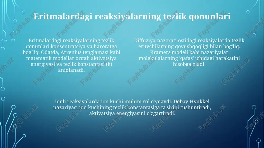 konstantalari muvozanat konstantasi (k) to'g'ri va teskari reaksiyalar tezlik konstantalari (k1 va k-1) nisbati sifatida aniqlanadi: k = k1/k-1. k qiymati muvozanat holatidagi mahsulot va reagent konsentratsiyasini ifodalaydi. arrhenius tenglamasi tezlik konstantasining (k) haroratga bog'liqligini ifodalaydi: k = a * exp(-ea/rt), bu yerda a chastota faktori, ea aktivatsiya energiyasi va r universal gaz doimiysi. agar k > 1 bo'lsa, muvozanat mahsulotlar tomoniga siljiydi, bu to'g'ri reaksiya tezroq ekanligini ko'rsatadi. k < 1 bo'lsa, reagentlar tomoniga siljiydi, teskari reaksiya tezligi ustunligini anglatadi. reversiv birinchi tartibli reaksiyalar reaksiya vaqti davomida reaksiyaga kirishuvchi moddaning konsentratsiyasi eksponensial ravishda kamayadi va muvozanat konsentratsiyasiga asimptotik ravishda yaqinlashadi. qaytar birinchi tartibli reaksiyalarda muvozanatga erishish tezligi, to'g'ri va teskari reaksiyalar tezlik konstantalari (k1 va k-1) yig'indisiga proportsionaldir. muvozanat holatida, to'g'ri reaktsiya tezligi (k1[a]) teskari reaktsiya tezligiga (k-1[b]) teng bo'ladi, bu yerda [a] va [b] muvozanat konsentratsiyalari. reversiv ikkinchi tartibli reaksiyalar qaytar ikkinchi tartibli reaksiyalarda, muvozanat konstantasi (k) to'g'ri …