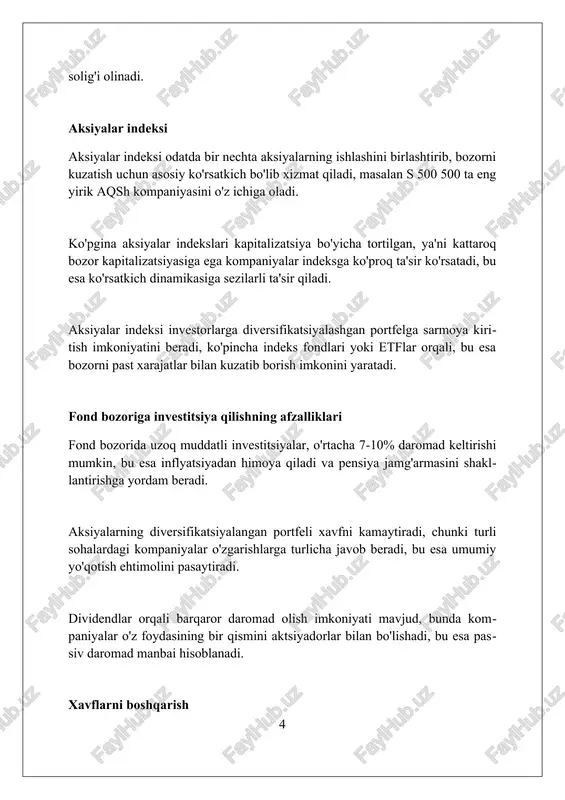 exnik tahlil texnik tahlil oʻtmishdagi narx harakatlari va hajmini oʻrganib, kelajakdagi narxlarni bashorat qilish uchun 50 kunlik va 200 kunlik harakatlanuvchi oʻrtacha koʻrsatkichlar kabi vositalardan foydalanadi. elliott toʻlqinlari nazariyasi texnik tahlilning bir qismidir. bu nazariyaga koʻra, narxlar 8 ta toʻlqindan iborat boʻlib, 5 tasi yoʻnalish boʻyicha va 3 tasi tuzatish toʻlqinlaridan iborat boʻladi. rsi (nisbiy kuch indeksi) 0 dan 100 gacha boʻlgan oraliqda narxning tezligini va oʻzgarishini oʻlchaydi. odatda 70 dan yuqori koʻrsatkich haddan tashqari sotib olingan, 30 dan past esa haddan tashqari sotilgan deb hisoblanadi. fundamental tahlil fundamental tahlil kompaniyaning moliyaviy holatini o'rganadi, masalan, daromadlari 10% ga oshganmi yoki qarz miqdori 5 million dollardan oshib ketganmi, bu esa qimmatli qog'ozlar narxiga ta'sir qiladi. ushbu tahlilda sanoat va iqtisodiyotning 2% o'sishi yoki 15% inflyatsiya kabi makroiqtisodiy omillari o'rganiladi, bu kompaniyaning kelajakdagi daromadlariga ta'sir ko'rsatishi mumkin. fundamental tahlil swot tahlili kabi vositalardan foydalanadi, misol uchun, kompaniyaning 2 ta kuchli tomoni va …