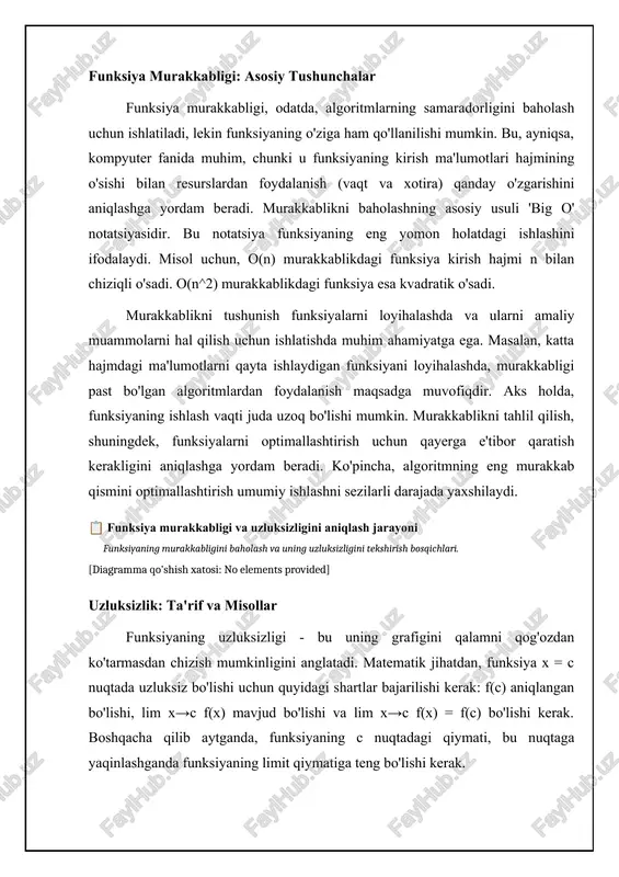 i beradi. misol uchun, furye seriyasida trigonometrik funksiyalardan foydalanish signallarni tahlil qilishda muhim rol o'ynaydi. bessel funksiyalari, gamma funksiyasi va zeta funksiyasi kabi murakkabroq maxsus funksiyalar ham mavjud. ularning murakkabligi va uzluksizligi sohalari alohida o'rganiladi. bessel funksiyalari, masalan, silindrik simmetriyaga ega bo'lgan masalalarni yechishda (issiqlik o'tkazuvchanligi, to'lqin tarqalishi) qo'llaniladi. gamma funksiyasi faktorial funksiyaning kompleks sonlarga umumlashtirilgan ko'rinishi bo'lib, ko'plab integrallarni hisoblashda ishlatiladi. zeta funksiyasi sonlar nazariyasida muhim rol o'ynaydi. ushbu funksiyalarning xususiyatlarini bilish, fizikaviy va muhandislik masalalarni hal qilishda juda muhimdir. 📈 maxsus funksiyalarning murakkablik darajasi va uzluksizligi dinamikasi (2018-2023) ushbu chizma maxsus funksiyalarning murakkablik darajasi va uzluksizligining vaqt o'tishi bilan o'zgarishini ko'rsatadi. asosiy teoremalar, isbotlar va maxsus funksiyalar funksiya murakkabligining asosiy tushunchalari funksiya murakkabligi deganda, odatda, uning qiymatini hisoblash uchun zarur bo'lgan resurslar miqdori tushuniladi. bu resurslar vaqt (hisoblash vaqti) va xotira (xotira hajmi) bo'lishi mumkin. murakkablik, funksiya argumentining o'lchami oshishi bilan qanday o'zgarishini aniqlaydi. murakkablikni baholashda asimptotik analiz …