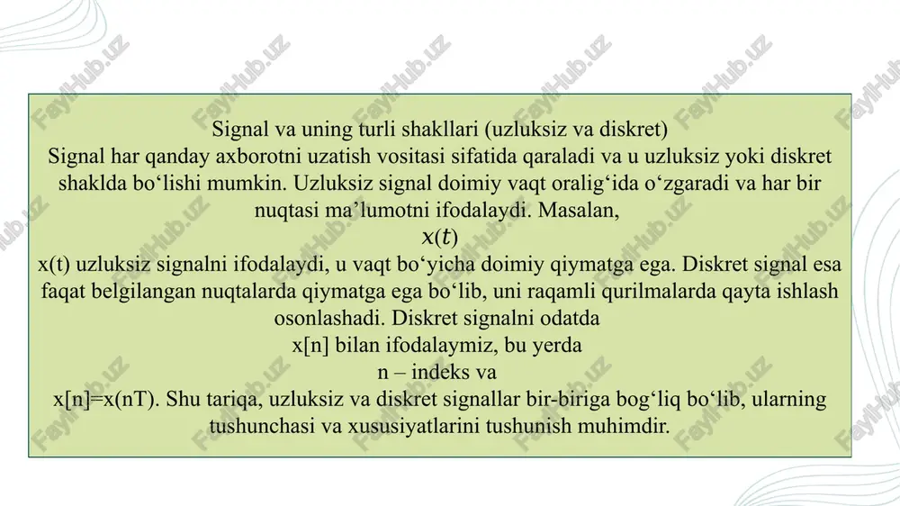 lash, tiklash va xatolarni tahlil qilish imkonini beradi. dsp (digital signal processing) qurilmalari signalni real vaqtda qayta ishlashga mo‘ljallangan. masalan, mikroprotsessorlar va fpga modullari raqamli filtrlash va tiklash jarayonlarini bajaradi. ushbu apparat va dasturiy ta’minot kombinatsiyasi signal sifatini nazorat qilish imkonini beradi. amaliyotda ular audio, video va telekommunikatsiya tizimlarida keng qo‘llaniladi. audio va video signallar yuqori chastotali uzluksiz signal sifatida keladi. ularni raqamli formatga o‘tkazish uchun diskretizatsiya va kotelnikov teoremasi ishlatiladi. masalan, cd audio uchun namunalash chastotasi tanlanadi, bu yuqori chastotali signalni to‘liq tiklash imkonini beradi. video signallarni raqamli formatga o‘tkazishda ham nyquist chegarasi asosida namunalash chastotasi tanlanadi. tiklash jarayoni orqali signal asl sifatini saqlagan holda ko‘rsatiladi. shu bilan teorema amaliy multimedia texnologiyalarining sifatini ta’minlaydi. o‘zbekistonda mafkuraviy jarayonlar va milliy g‘oyaga ehtiyoj diskretizatsiya va kotelnikov teoremasi raqamli aloqa tizimlarining asosini tashkil qiladi. analog signallar raqamli formatga o‘tkazilib, uzatish va qayta ishlash osonlashadi. namunalash chastotasi nyquist shartiga muvofiq tanlanadi: bu signal …