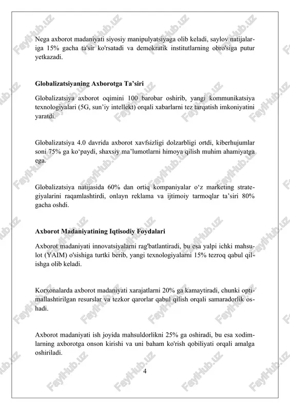a'lumotlarini yig'ish, saqlash va ulardan foydalanish qoidalarini belgilaydi, shuningdek, gdpr kabi qonunlar bilan tartibga solinadi. kiberxavfsizlik xavflari, masalan, fishing hujumlari va ma'lumotlar buzilishi, tashkilotlar uchun xavfsizlik protokollarini kuchaytirish va xodimlarni o'qitish zarurligini ko'rsatadi. axborot madaniyatini rivojlantirish strategiyalari "axborot madaniyatini rivojlantirish"da davlat organlari raqamli texnologiyalarni joriy etish orqali 2024-2026 yillarda interaktiv xizmatlar sifatini oshirishga e'tibor qaratadi. ta'lim muassasalarida axborot xavfsizligi bo'yicha 2025 yilga qadar maxsus kurslar tashkil etiladi, bunda yoshlarning mediada savodxonligini 30% ga oshirish ko'zda tutilgan. 2023-2027 yillarda fuqarolarning axborotdan foydalanish imkoniyatlarini kengaytirish maqsadida, internet tezligini kamida 50 mbit/s gacha oshirish rejalashtirilgan. muvaffaqiyatli misollar: global tajriba finlandiya ta’lim tizimi tenglik va inklyuzivlikni ustuvor vazifa qilib qo’ygan holda, natijada pisa testlarida yuqori ko’rsatkichlarga erishdi va global ta’lim standartini o’rnatdi. janubiy koreyaning keng polosali internet infratuzilmasiga investitsiyalari, 99% uy xo'jaliklari ulangan holda, uning texnologik raqobatbardoshligini sezilarli darajada oshirdi va innovatsiyalarni rivojlantirdi. singapurning korrupsiyaga qarshi kurashdagi qat'iy qonunlari va shaffof boshqaruv tizimi biznes …