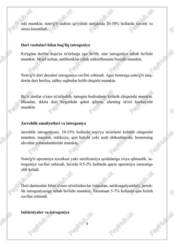 irish uchun, har bir bemorning individual xususiyatlarini hisobga olgan holda, farmakokinetik monitoring va dozalash algoritmlarini qo'llash muhim. klinik ko'rsatmalarga qat'iy rioya qilish va 5 qadam qoidasini (bemor, dori, doza, vaqt, usul) tekshirish orqali xatoliklar sonini kamaytirish iatrogeniyaning oldini oladi. davolash jarayonida bemor bilan ochiq muloqot o'rnatish, davolashning afzalliklari va xavflarini tushuntirish, bemorning roziligini olish iatrogeniya xavfini kamaytiradi. xavfsizlik protokollari va standartlar xavfsizlik protokollari bemorlarning xavfsizligini ta'minlash uchun standartlashtirilgan amaliyotlarni o'z ichiga oladi, masalan, dori-darmonlarni ikki marta tekshirish va jarrohlik ro'yxatga olish. 75% dan ortiq tibbiy xatolarni oldini olish mumkin. standartlar bemorlarni identifikatsiya qilishning aniq tartib-qoidalarini belgilaydi, shu jumladan kamida ikkita identifikatorni (ism, tug'ilgan sana) ishlatish. bu qoidalar xatoni 99,9% ga kamaytiradi. infektsiyani nazorat qilish protokollari qo'llarni gigiena qoidalariga (60-95% alkogol asosidagi vositalar) rioya qilishni va tibbiy asbob-uskunalarni muntazam ravishda sterilizatsiya qilishni talab qiladi. bu infeksiyalanish holatlarini kamida 40% ga kamaytiradi. ta'lim va malaka oshirish ta’lim va malaka oshirish tizimi tibbiyot …