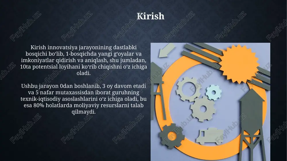 rni hosil qiladi. modellarni taqqoslash har bir modelning 1-bosqichi innovatsiya jarayonining turli aspektlarini (masalan, texnologiya, bozor, tashkilot) qanday qamrab olishini solishtirish maqsadga muvofiqdir. modellarda qo'llaniladigan 2 xil yondashuvlarga (masalan, chiziqli, interaktiv, ochiq innovatsiya) e'tibor qaratish va ularning afzalliklari hamda kamchiliklarini baholash kerak. xulosa xulosa - tadqiqot natijalarini umumlashtirib, asosiy topilmalar va ularning innovatsiya jarayoni modeliga ta'sirini 20 dan 40 so'z oralig'ida taqdim etadi. xulosa qismida olingan natijalarning amaliy ahamiyatini ko'rsatish, masalan, 5g texnologiyasi innovatsiya modelini takomillashtirish kabi 20-40 so'z bilan tushuntiriladi. e'tiboringiz uchun rahmat image2.png image3.jpg image4.jpg image5.jpg image6.jpg image7.jpg image8.jpg image9.jpg image10.jpg image11.jpg image12.jpg image13.jpg image14.jpg image15.jpg image16.jpg image17.jpg image18.jpg image19.jpg