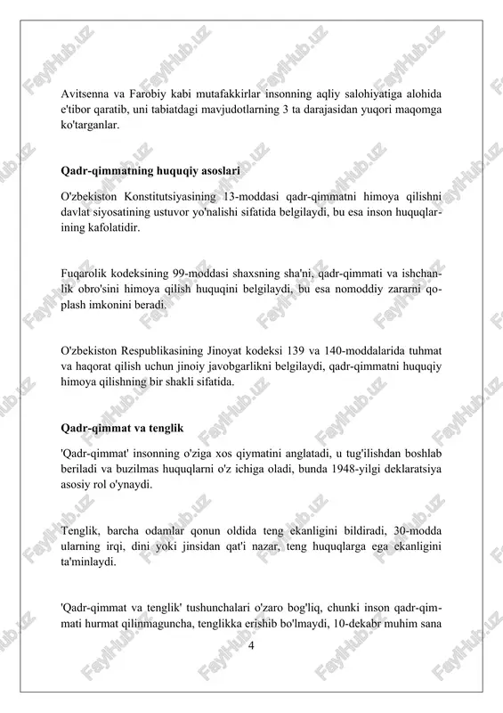 konstitutsiyaning 18-moddasida mustahkamlangan bo'lib, har bir fuqaroning 25 ta asosiy huquqini himoya qilishga qaratilgan. ijtimoiy mas'uliyat 1992-yil 8-dekabrda qabul qilingan «fuqarolarning o‘zini o‘zi boshqarish organlari to‘g‘risida»gi qonun bilan tartibga solinadi. qadr-qimmatni mustahkamlash yo'llari har bir fuqaroning qonun oldida tengligini ta'minlash, sud jarayonlarida adolatli va xolis qarorlar qabul qilish orqali qadr-qimmatni mustahkamlashning muhim usuli hisoblanadi. ta'lim sifatini oshirish, innovatsion o'quv dasturlarini joriy etish, har bir shaxsning o'z salohiyatini ro'yobga chiqarishiga imkon yaratadi va bu qadr-qimmatni mustahkamlaydi. ijtimoiy himoya tizimini kuchaytirish, kam ta'minlangan oilalarga yordam berish, nogironligi bo'lgan shaxslarni qo'llab-quvvatlash orqali inson qadr-qimmatini ta'minlash mumkin. global miqyosda qadr-qimmat jahon miqyosida qadr-qimmat tushunchasi birlashgan millatlar tashkilotining 1948-yildagi inson huquqlari umumjahon deklaratsiyasida mustahkamlangan bo'lib, barcha odamlarning tug'ma huquqini ta'kidlaydi. ko'plab xalqaro konventsiyalar, masalan, genosid konventsiyasi (1948) va irqiy kamsitishga qarshi konventsiya (1965) kabi, qadr-qimmatga tajovuz qiluvchi harakatlarni oldini olishga qaratilgan. qadr-qimmatni himoya qilish uchun global harakatlar inson huquqlari bo'yicha oliy komissar boshqarmasi kabi tashkilotlar …