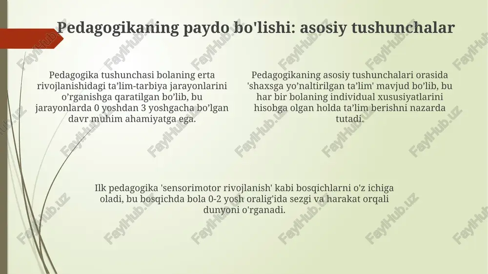 ini oshirishga qaratilgan. ilk pedagogik yondashuvlar hozirgi inklyuziv ta'limga asos bo'lib, har bir bolaning individual ehtiyojlarini qondirish uchun moslashtirilgan o'qitish usullarini qo'llash muhimligini ta'kidlaydi. bolalarning o'yin orqali o'rganish qobiliyatiga e'tibor qaratish, xxi asr ta'limida steam (fan, texnologiya, muhandislik, san'at, matematika) kabi interaktiv o'qitish metodlarining rivojlanishiga turtki bo'ldi. xulosa xulosa bolalarning kognitiv rivojlanishi, ijtimoiy ta'siri va madaniy o'zgarishlar asosida pedagogikaning shakllanish bosqichlarini aniqlashga yordam beradi. pedagogikaning ilk bosqichlarida xulosa, erta ta'lim dasturlari va ota-onalarning roli (masalan, vygotskiyning yaqin rivojlanish zonasi) muhim ekanligini ko'rsatadi. ilk pedagogikaning xulosasi shuni ko'rsatadiki, ta'lim strategiyalari bolaning yoshiga mos bo'lishi, o'yin orqali o'rganish va amaliy tajribaga asoslanishi zarur. e'tiboringiz uchun rahmat