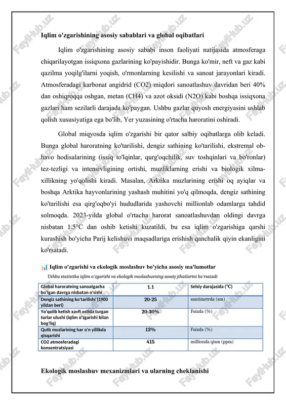 turlarning yo'q bo'lib ketishi. genetik moslashuv populyatsiyalarda iqlim o'zgarishiga chidamli genlarning chastotasining oshishi. genetik xilma-xillikning pastligi moslashuv qobiliyatini cheklashi mumkin; moslashuv uchun uzoq vaqt talab etiladi. turlarning iqlim o'zgarishiga moslashish qobiliyatining oshishi, ammo bu boshqa turlarga ta'sir qilishi mumkin. plastiklik organizmlarning genotipini o'zgartirmasdan, atrof-muhit sharoitlariga javoban fenotipini o'zgartirish qobiliyati. plastiklikning chegarasi mavjud; ekstremal iqlim o'zgarishlariga moslasha olmaslik. turlarning o'zgaruvchan sharoitlarga tezda moslashishiga imkon beradi, lekin bu moslashuv doimiy bo'lmasligi mumkin. iqlim o'zgarishi va ekologik moslashuvning asoslari fenologik o'zgarishlar va tarqalishning siljishi iqlim o'zgarishi tufayli fenologik o'zgarishlar - bu hayvonlar va o'simliklarning hayot tsiklidagi vaqtning o'zgarishi. misol uchun, ko'plab qushlar bahorgi migratsiya vaqtini erta surishmoqda, o'simliklar esa erta gullashni boshlashmoqda. ushbu o'zgarishlar zanjir reaktsiyasini keltirib chiqarishi mumkin, masalan, hasharotlar gullash vaqtiga moslashishi kerak, aks holda oziq-ovqat manbalari tugab qoladi. 2019-yilda chop etilgan tadqiqot shuni ko'rsatdiki, shimoliy amerikadagi qushlarning ko'p turlari bahorda o'rtacha 6,5 kun erta migratsiya qilmoqda, bu esa iqlimning isishi …