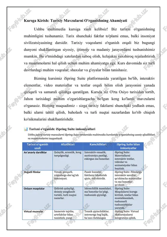 shimcha materiallar (adabiyotlar ro'yxati, internet resurslari). testlar har bir modul oxirida bilim darajasini aniqlash uchun o'tkaziladi. kurs oxirida yakuniy imtihon o'tkaziladi, u kurs davomida o'rganilgan barcha materiallarni qamrab oladi. 📋 ispring suite yordamida tarixiy mavzularda multimedia kursini yaratish jarayoni bu jarayon ispring suite yordamida qiziqarli va informatsion tarixiy kursni yaratish bosqichlarini qamrab oladi. [diagramma qo'shish xatosi: no elements provided] baholash mezonlari va sertifikatlash talabalar bilimini baholash kurs davomida o'tkaziladigan testlar, interaktiv mashqlar va yakuniy imtihon natijalariga asoslanadi. har bir modul oxirida o'tkaziladigan testlar modulning asosiy mavzularini qanchalik o'zlashtirganingizni aniqlashga yordam beradi. interaktiv mashqlar esa nazariy bilimlarni amalda qo'llash ko'nikmalarini rivojlantiradi. yakuniy imtihon kurs davomida o'rganilgan barcha materiallar bo'yicha bilim darajasini aniqlash uchun o'tkaziladi. kursni muvaffaqiyatli tamomlagan talabalar sertifikatga ega bo'ladilar. sertifikat olish uchun talaba barcha testlardan muvaffaqiyatli o'tishi va yakuniy imtihonda belgilangan minimal ballni to'plashi kerak. sertifikat talabaning ushbu kurs bo'yicha bilimi va ko'nikmalarini tasdiqlaydi va kelajakda ishga joylashishda yoki …