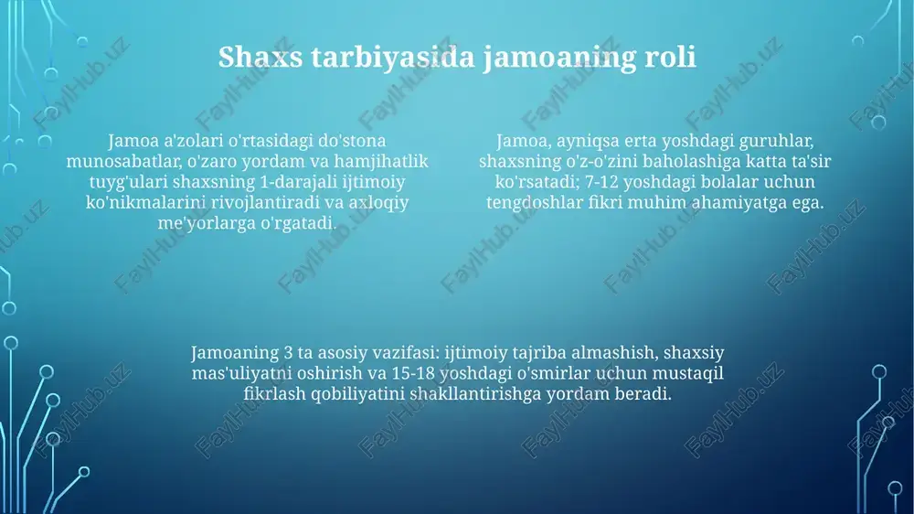 zilatlarni rivojlantirish usullari shaxsiy fazilatlarni rivojlantirish maqsadida, har oyda 2 ta kasbiy trening o'tkazib, 3 ta eng yaxshi natijaga erishgan xodimlarni rag'batlantirish usuli samarali hisoblanadi. jamoada individual mahoratni oshirish uchun, har bir a’zoga o’zining kuchli tomonlarini ishlatishga imkon beradigan, aniq vazifalar taqsimoti orqali 360 daraja baholash tizimini qo'llash kerak. jamoa a'zolarining shaxsiy sifatlarini rivojlantirish uchun, bir-birining ishini muntazam ravishda tanqid qilish va 5 marta ijobiy fikr bildirish orqali motivatsiya berish muhim. jamoa tarbiyasining istiqbollari va vazifalari kelajakda jamoa tarbiyasi, har bir a'zoning 21-asr ko'nikmalarini (kreativlik, tanqidiy fikrlash) rivojlantirishga qaratilgan 3ta asosiy vazifani amalga oshiradi. jamoadagi tarbiya 2030-yilgacha bo'lgan davrda axloqiy qadriyatlarni shakllantirish, milliy g'ururni oshirish va 5ta muhim ijtimoiy mas'uliyatni singdirishni maqsad qiladi. jamoa tarbiyasining istiqbollari 2025-yilgacha har bir a'zoni 4ta turli xil ko'nikmalarga o'rgatishni o'z ichiga oladi, bu ularning jamiyatdagi faol ishtirokini ta'minlaydi. e'tiboringiz uchun rahmat image3.png image1.png image2.png