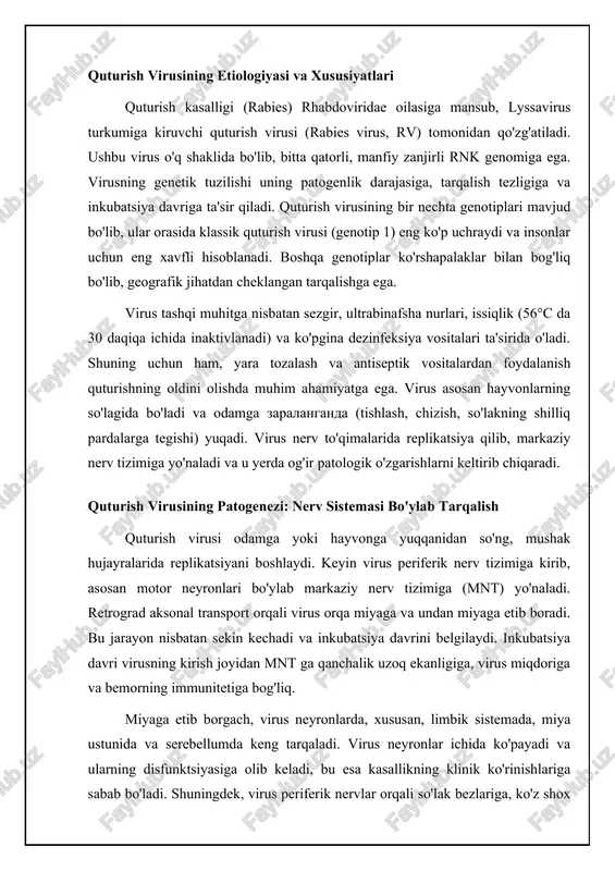 yalar to'qimalarning shikastlanishi, yallig'lanish infektsiya, sepsiz antiseptikalar, antibiotiklar klinik ko'rinishlar: paralich (falaj) shakli va diagnostika quturishning paralich shakli kamroq uchraydi, lekin u ham o'limga olib kelishi mumkin. ushbu shaklda, bemorlarda xarakterli ensefalit simptomlari bo'lmaydi. buning o'rniga, progressiv mushak zaifligi rivojlanadi, odatda tishlangan joy yaqinida boshlanadi va keyin butun tanaga tarqaladi. paralich odatda simmetrik bo'ladi va nafas olish mushaklariga ta'sir qilishi mumkin, bu esa nafas olish etishmovchiligiga olib keladi. paralich shaklidagi qutrushni tashxislash qiyin bo'lishi mumkin, chunki u poliomielit yoki giyen-barre sindromi kabi boshqa kasalliklarga o'xshash bo'lishi mumkin. quturish diagnostikasi kasallikning klinik belgilari, anamnezi (tishlash haqida ma'lumot) va laborator tekshiruvlar asosida qo'yiladi. tishlangan joydan teri biopsiyasi, so'lakdan va orqa miya suyuqligidan (likvor) namunalar olinib, qutrush virusining antigenlari va rnk si aniqlanadi. postmortem tashxis uchun miya to'qimalaridan namunalar olinadi. virusologik va serologik tekshiruvlar o'tkaziladi. quturishga shubha qilingan barcha holatlar shoshilinch ravishda tibbiy yordamga murojaat qilishni talab qiladi. 📊 quturish: etiologiya, patogenez, klinik …