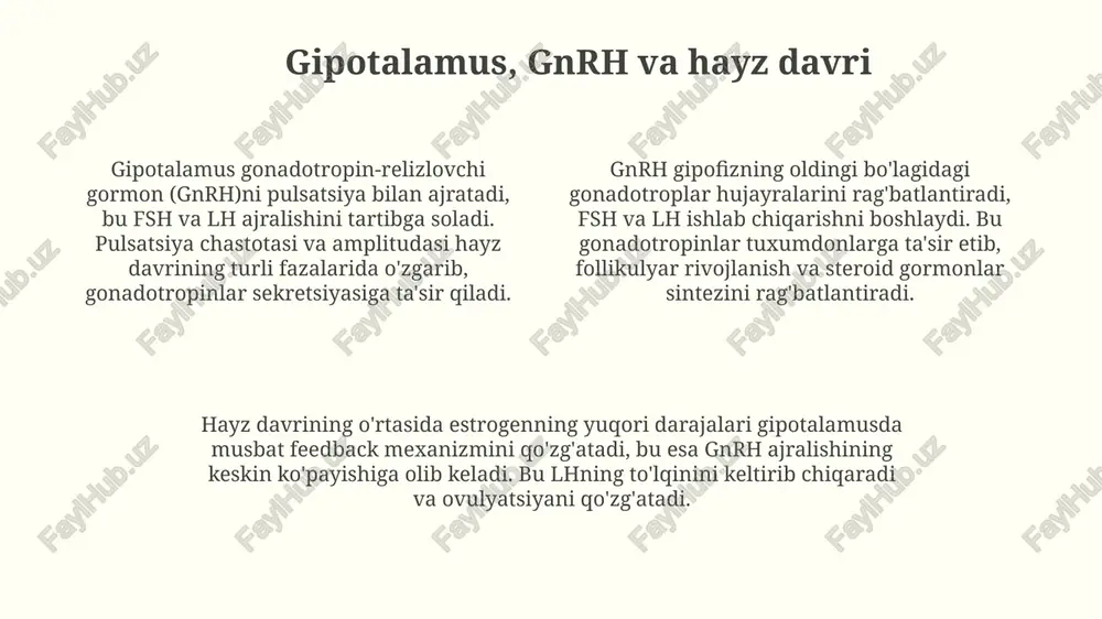 ha davom etadi. lyuteal faza ovulyatsiyadan keyin boshlanadi, sariq tana progesteron ishlab chiqaradi, bu esa bachadonni homiladorlikka tayyorlaydi. agar homiladorlik yuz bermasa, sariq tana degeneratsiya qiladi va bu faza 15 dan 28 kungacha davom etadi. hayz davrining buzilishi, hormonal disbalans va homiladorlikning boshlanishi hayz davrining buzilishi, masalan, oligomenoreya (kamdan-kam hayz ko'rish) gormonal disbalans, xususan, fsh va lh nisbatining buzilishi tufayli yuzaga kelishi mumkin va bu ovulyatsiyaning yo'qligiga olib keladi. polikistik tuxumdonlar sindromi (pcos) kabi hormonal disbalanslar, androgenlar darajasining oshishi va insulin qarshiligi kabi, hayz siklining beqarorligiga, ovulyatsiya buzilishiga va homilador bo'lish qiyinligiga olib kelishi mumkin. homiladorlikning boshlanishi hcg (inson xorionik gonadotropini) gormonining ishlab chiqarilishi bilan belgilanadi, bu sariq tanani saqlab qoladi va progesteron sekretsiyasini qo'llab-quvvatlaydi, bu esa endometriumning saqlanishini ta'minlaydi. e'tiboringiz uchun rahmat