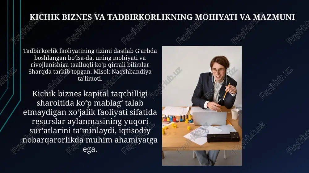 an ulushlari doirasida javobgar boʻladi, shirkat oʻz faoliyati uchun kapitali doirasida javobgar. masʼuliyati cheklangan shirkatlarning firma nomiga «limited» soʻzi qoʻshiladi, bu inglizcha soʻz boʻlib, «cheklangan» maʼnosini bildiradi. bunday shirkatlar turli xildagi shakllarga ega. kichik biznes va tadbirkorlik faoliyatini tashkil etish va boshqarish kichik biznes korxonalarini tashkil etish bosqichlari muassislar tarkibini belgilash, ta'sis hujjatlarini ishlab chiqish, bankda vaqtinchalik hisob raqamini ochishdan iborat. boshqaruv tarkibi ishlab chiqarish tarkibi deb ham yuritiladi bunda boshqarishni tashkil etishning dastlabki omili 30-yilgacha amalga oshirilishi aytiladi. kichik biznes va tadbirkorlik korxonalarini tashkil etish va davlat royxatidan otkazish tartibi kichik biznes korxonalarini davlat roʻyxatidan oʻtkazish uchun hokimiyatning qaroridan koʻchirma, korxona nizomi hamda davlat orderi topshiriladi. 10 kun ichida davstat qoʻmitasiga xabar beriladi. ta’sischilar roʻyxatga olingandan soʻng bir yil ichida nizam kapitalining 50 foizini toʻldirish, aks holda korxonani roʻyxatdan oʻtkazish bekor qilinadi. barcha hujjatlarni tegishli joyga topshiradi. kichik biznes va tadbirkorlik faoliyatini boshqarishning maqsadi va vazifalari boshqaruvning maqsadi korxonaning …