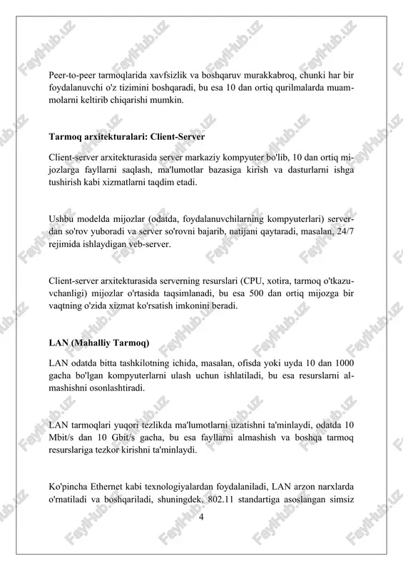 htiradi. u 99,999% ish faoliyatini kafolatlaydi, bu esa bir yilda atigi 5 daqiqadan kamroq vaqt ishlamay qolishini anglatadi. pan (shaxsiy tarmoq) pan odatda 10 metr radiusdagi kichik shaxsiy qurilmalarni, masalan, smartfon, noutbuk va printerlarni bluetooth texnologiyasi orqali bog'lash uchun ishlatiladi. shaxsiy tarmoq (pan) ma'lumotlarni almashish va resurslardan foydalanishni ta'minlovchi bir nechta qurilmalarni bir kishi atrofida birlashtiruvchi 1-darajali kompyuter tarmog'idir. pan ko'pincha simsiz ulanishlardan foydalanadi, misol uchun, bluetooth 5.0 2 mbit/s gacha ma'lumot uzatish tezligini ta'minlaydi, bu esa audio va fayllarni almashish uchun yetarli. vpn (virtual shaxsiy tarmoq) vpn bir nechta protokollar, masalan, ipsec va openvpn'dan foydalanadi, ma'lumotlarni shifrlash va tunnellash orqali xavfsiz aloqani ta'minlash uchun, xavfsizlikni oshirish uchun 128-bit yoki 256-bitli shifrlash bilan. vpn sizning ip-manzilingizni maskalash orqali onlayn shaxsingizni himoya qiladi, sizning joylashuvingizni yashiradi va sizning internet-provayderingiz (isp) va uchinchi shaxslar tomonidan kuzatilishdan saqlaydi, maxfiyligingizni oshiradi. vpn geo-cheklashlarni chetlab o'tishga imkon beradi, masalan, o'zingizning mamlakatingizda mavjud bo'lmagan 50 dan …