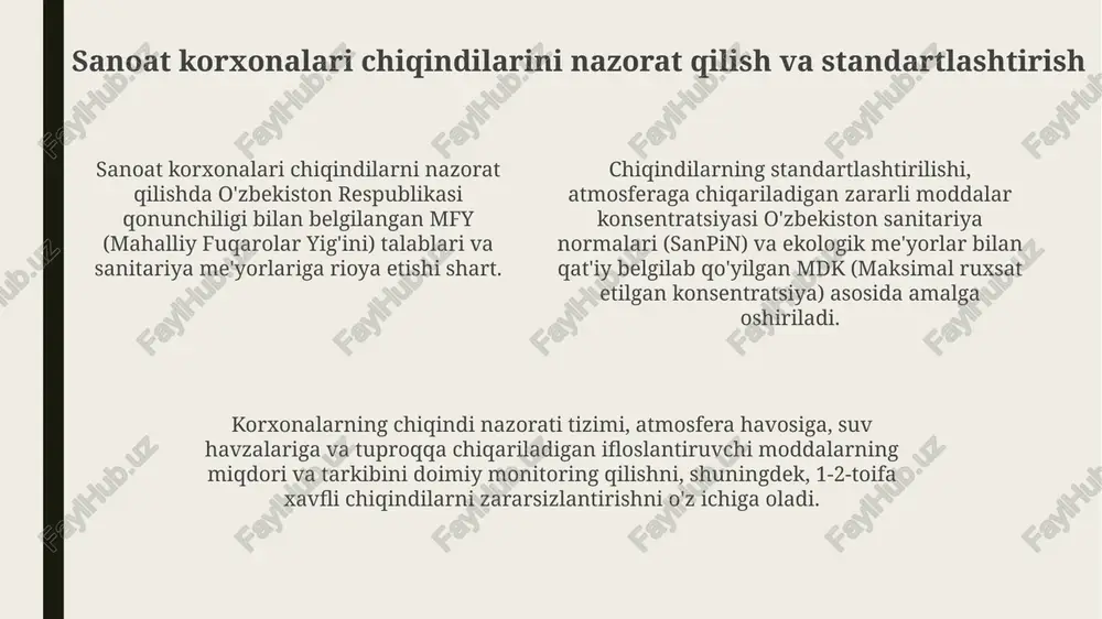 hujjatlar bilan belgilanadi. korxonaning sanitariya-himoya zonasi radiusi, atrof-muhitga ta'sir darajasini hisobga olgan holda, 50 metrdan 1000 metrgacha bo'lishi mumkin va bu masofa davlat sanitariya nazorati organlari bilan kelishiladi. sanitariya-himoya zonasida turar joy binolari, bolalar muassasalari va boshqa ijtimoiy ob'ektlar joylashtirilishi taqiqlanadi; faqat korxonaga tegishli bo'lgan ma'muriy binolar va yashil hududlar bo'lishi mumkin. e'tiboringiz uchun rahmat