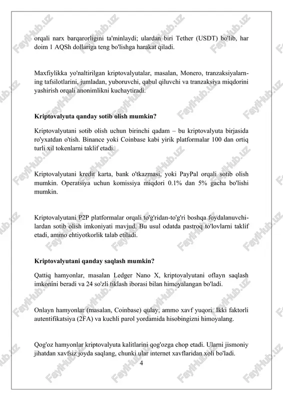 n ochiq, lekin shaxsiy ma'lumotlar himoyalangan. markazlashmagan tizim tufayli kriptovalyutalar inflyatsiyaga qarshi turish xususiyatiga ega bo'lishi mumkin, chunki ular hukumatlar yoki markaziy banklar tomonidan nazorat qilinmaydi, bu esa valyuta qiymatining 10-20%ga tushib ketishining oldini oladi. kriptovalyutaning kamchiliklari kriptovalyutalarning qiymati juda o'zgaruvchan bo'lishi mumkin, bu esa investitsiyalarni xavfli qiladi. narxlar bir necha soat ichida 50 foizgacha o'zgarishi mumkin, bu barqaror moliyaviy rejalashtirishga to'sqinlik qiladi. kriptovalyuta tranzaktsiyalari odatda qaytarib bo'lmaydi. agar siz xato qilsangiz yoki firibgarlik qurboni bo'lsangiz, 100 dollardan 10000 dollargacha bo'lgan mablag'ingizni qaytarib olish qiyin bo'lishi mumkin. kriptovalyuta konchilik energiya sarflaydi, ayniqsa bitcoin. ba'zi hisob-kitoblarga ko'ra, bitcoin konchiligining yillik energiya iste'moli 120 terawatt-soatni tashkil etadi, bu bir nechta mamlakatlarning iste'moliga teng. kriptovalyutaning kelajagi 2030-yilgacha kriptovalyutalarning umumiy bozor kapitallashuvi 5 trillion dollardan oshishi kutilmoqda, bu esa an'anaviy moliyaviy tizimlarga kuchli raqobatni anglatadi. raqamli aktivlarni tartibga solish bo'yicha yangi qonunlar 2025-yilga kelib ko'plab davlatlar tomonidan qabul qilinadi, bu esa kripto sohasini yanada …