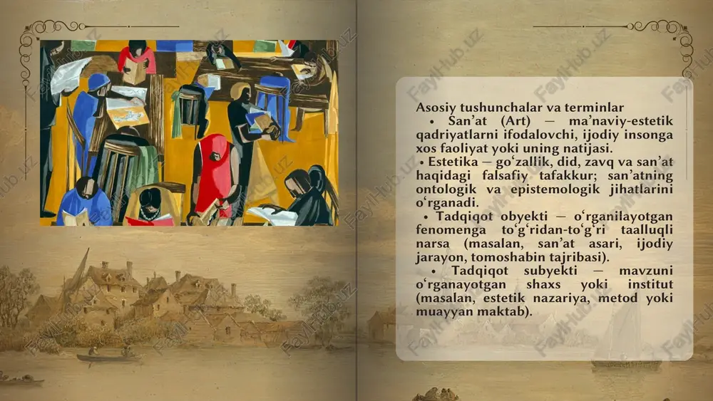 tadqiqot metodlari (yanada chuqurroq) 1. dialektik metod – go‘zallik va xunuklik, uyg‘unlik va ziddiyatning o‘zaro aloqasini tahlil qilish. 2. strukturalizm – san’at asarining ichki tuzilishini, semantik qatlamlarini tahlil qilish. 3. fenomenologik metod – san’at asarini sub’yektiv idrok orqali o‘rganish. 4. semiotik yondashuv – san’atni belgilar tizimi sifatida talqin etish (umberto eco, roland barthes). 5. kognitiv estetika – estetik idrokning neyropsixologik asoslarini o‘rganish (zamonaviy yo‘nalish). estetikaning zamonaviy tadqiqot obyektlari bugungi kunda estetika faqat klassik san’atni emas, balki yangi, noan’anaviy estetik hodisalarni ham o‘rganadi: • digital art (raqamli san’at) – sun’iy intellekt yordamida yaratilgan asarlar; • performans san’ati – inson tanasi va harakat estetikasi; • kino va fotografiya estetikasi – vizual idrok va media estetikasi; • ekologik estetika – tabiat go‘zalligi va insonning estetik javobgarligi; • urban estetika – shahar muhitining dizayni, arxitektura, vizual madaniyat. bu yo‘nalishlar estetika tadqiqot obyektining doirasini kengaytiradi va uni amaliy hayotga yanada yaqinlashtiradi. estetik ong va estetik …
