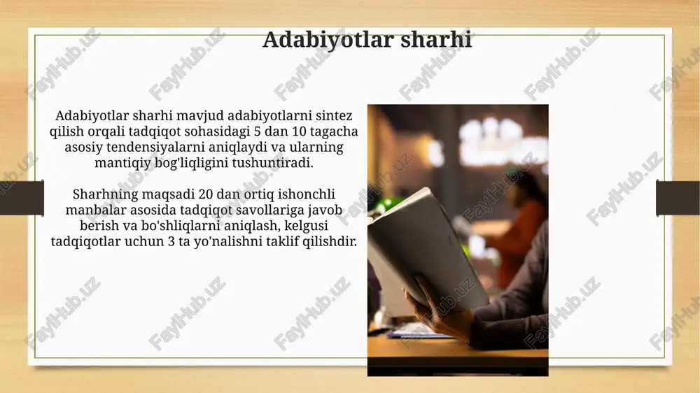 taqdim etiladi, bunda 2000-6000 so'zdan iborat maqolalar jurnallarda nashr qilinadi. ishning tuzilishi magistrlik dissertatsiyasining tuzilishi, odatda, 10 dan ortiq asosiy bo'limlardan iborat bo'lib, har bir bo'lim tadqiqotning muhim aspektini taqdim etadi. adabiyotlar sharhi bo'limi mavzuga oid 50 dan ortiq manbalarni o'z ichiga olgan holda, tadqiqotning nazariy asosini shakllantiradi va mavjud bilimlarni tahlil qiladi. e'tiboringiz uchun rahmat image7.jpg image8.jpg image9.jpg image10.jpg image11.jpg image12.jpg image13.jpg image14.jpg image15.jpg image16.jpg image17.jpg image18.jpg image19.jpg image20.jpg image21.jpg image22.jpg image23.jpg image3.png image4.png