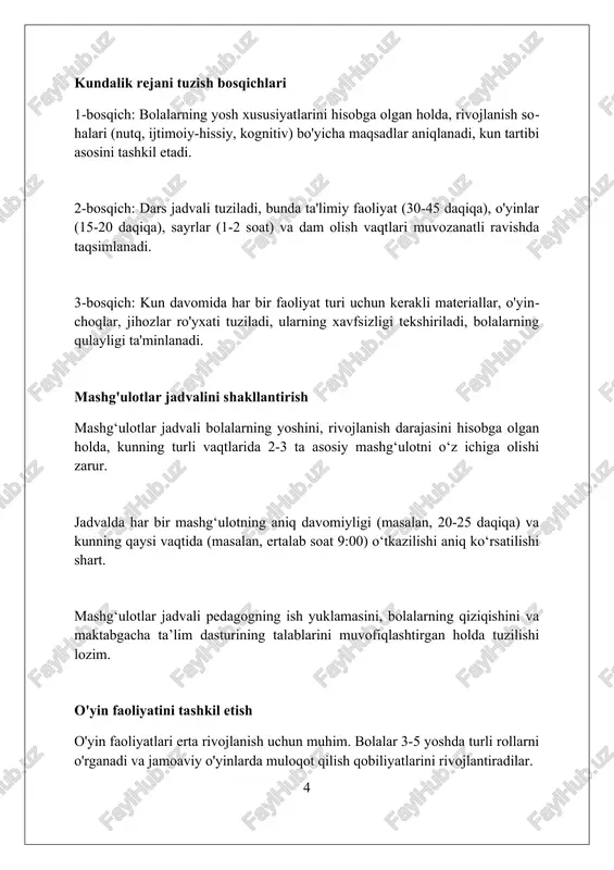 atiladi. ovqatlanishdan oldin gigiyena tadbirlari qo'llarni sovun bilan yuvishni anglatadi. bolalar kamida 20-30 soniya davomida to'g'ri usulda yuvishlari kerak. suv harorati 37-40°c bo'lishi kerak. kunduzgi uyqudan keyin gigiyena tadbirlari yuzni yuvish, qo'llarni yuvish va sochni tarashni o'z ichiga oladi. qizlar sochlarini elastik bog'ich yoki soch qisqich bilan 3-5 daqiqada to'g'rilashlari mumkin. bolalarning individual ehtiyojlarini hisobga olish har bir bolaning o'ziga xos rivojlanish tezligini inobatga olish, masalan, 3 yoshli bolalar uchun 20 daqiqalik o'qish mashg'uloti yetarli bo'lmasligi mumkin. bolalarning qiziqishlari va mayllarini hisobga olish, 4 yoshli bolalar uchun transport vositalari haqidagi mavzu, ularning diqqatini 30 daqiqa ushlab turishi mumkin. salomatlik holatini hisobga olish, masalan, 5 yoshli allergiyasi bor bola uchun oziq-ovqatlar ro'yxati va uning kundalik tartibi moslashtirilishi lozim. ota-onalar bilan hamkorlik ota-onalar bilan hamkorlikning 1-shakli – bu "ochiq eshiklar kuni", unda ota-onalar bolaning kun tartibi bilan tanishish uchun guruhda 2 soat vaqt o'tkazishlari mumkin. 2-muhim jihat – ota-onalar yig'ilishlarida 3 oylik …
