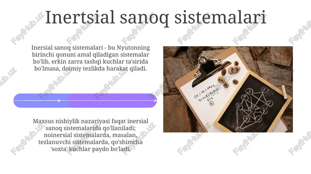 kat va gravitatsiya ta'sirida turli tezlikda ishlaydi, 38 mikrosekund farqni keltirib chiqaradi. paradokslar va ularning yechimlari egizaklar paradoksida sayohatchi egizak, yerdagi egizakdan ko'ra sekinroq qaradi, chunki uning tezlashishi va sekinlashishi simmetriyani buzadi, bunda 10 yillik farq sezilarli bo'lishi mumkin. length qisqarishi paradoksi kuzatuvchiga nisbatan harakatlanayotgan ob'ekt uzunligining qisqarishini ko'rsatadi, lekin ob'ektning o'zida hech qanday deformatsiya yo'q, faqat koordinatalar transformatsiyasi natijasidir. umumiy nisbiylikka kirish umumiy nisbiylik gravitatsiyani fazo-vaqtning egri chizig'i sifatida tasvirlaydi, nyutonning 1/r^2 qonunidan farqli o'laroq, massalar orasidagi tortishish kuchini tushuntiradi. eynshteynning maydon tenglamalari (10 ta tenglama) umumiy nisbiylikning asosini tashkil etadi, ular fazo-vaqtning egri chizig'ini energiya va momentumning taqsimlanishi bilan bog'laydi. e'tiboringiz uchun rahmat image4.jpg image5.jpg image6.jpg image7.jpg image8.jpg image9.jpg image10.jpg image11.jpg image12.jpg image13.jpg image14.jpg image15.jpg image16.jpg image17.jpg image18.jpg image19.jpg image20.jpg image1.jpeg image2.jpeg image3.jpeg