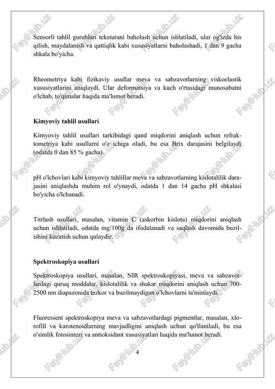 rda 25°c da 5 kun inkubatsiya qilinadi. buzilishni aniqlash usullari mikroskopik tahlil orqali hujayra tuzilishi buzilishini aniqlash, masalan, 2-3 kun ichida yuzaga keladigan mikroorganizmlar tomonidan hujayra membranasining parchalanishi. kimyoviy analizlar, masalan, ph o'zgarishi (6.5 dan pastga) yoki uchuvchi birikmalar (etil spirti miqdori 0.1% dan ortiq) buzilishning erta belgilarini ko'rsatishi mumkin. sensor tekshiruvda rangning o'zgarishi (jigarrang dog'lar) yoki yoqimsiz hidlarning paydo bo'lishi, 3-4 kun ichida buzilish natijasida hosil bo'lgan mahsulotlar tufayli yuzaga kelishi mumkin. saqlash muddatini baholash saqlash muddatini baholashda erta buzilish belgilari, masalan, rang o'zgarishi yoki yumshash kabi omillarga e'tibor qaratiladi, ayniqsa 7-10 kun ichida sotiladigan mahsulotlarda. quruq moddalar miqdori (umumiy quruq moddalar, brix darajasi) saqlash muddatini aniqlashda muhim rol o'ynaydi; yuqori quruq moddalar 15-20% uzoqroq saqlanishni ta'minlaydi. nafas olish intensivligi va etilen ishlab chiqarish tezligi kabi fiziologik jarayonlar 2-3 marta o'lchanadi; bu ko'rsatkichlar saqlash muddatini aniqroq baholashga yordam beradi. avtomatlashtirilgan sifat nazorati tizimlari avtomatlashtirilgan tizimlar meva va sabzavotlarni 95% …