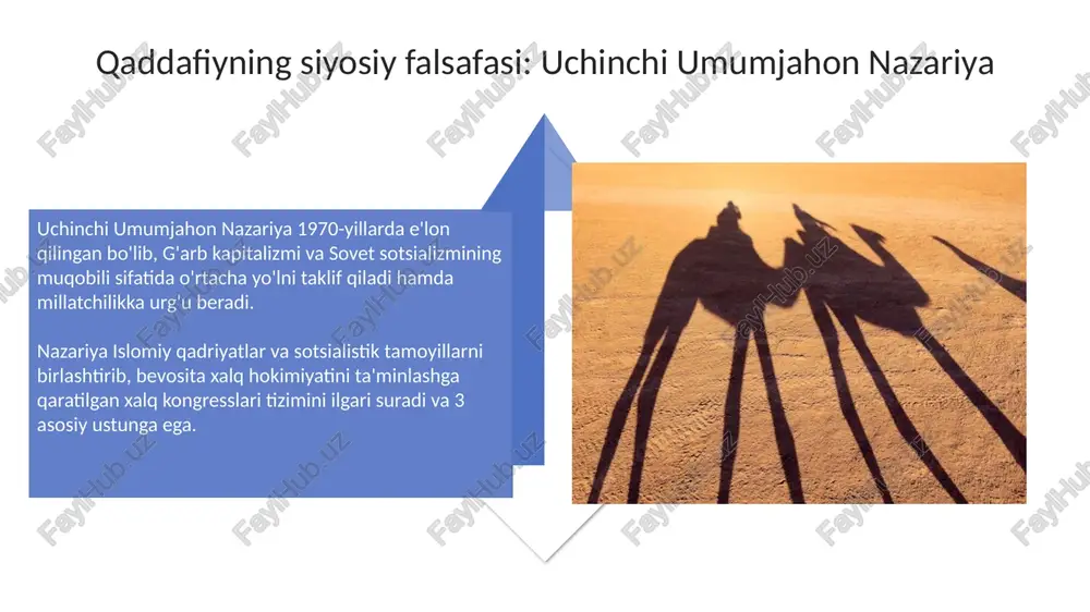 latni bo'linishga olib keldi. neft ishlab chiqarish, liviya iqtisodiyotining asosiy tayanchi, mojarolar, infratuzilmaning shikastlanishi va siyosiy kelishmovchiliklar tufayli sezilarli darajada kamaydi, natijada yalpi ichki mahsulotning pasayishi kuzatildi. meros va bahslar gaddafiyning neft daromadlari taqsimoti bo'yicha bahslar, uning tarafdorlari davlatni rivojlantirishga yo'naltirganini, tanqidchilar esa korruptsiya va tengsizlikni keltirib chiqarganini ta'kidlaydi. gaddafiyning siyosiy merosi haqidagi bahslar uning avtoritar hukmronligi va inson huquqlarining buzilishi bilan birga, panafrikalik birlashuvga qaratilgan harakatlari va uchinchi dunyo mamlakatlarini qo'llab-quvvatlaganini o'z ichiga oladi. xulosa xulosa shuni ko'rsatadiki, qaddafiyning siyosati 42 yil davomida liviya neft daromadidan foydalangan holda afrikada ta'sir o'tkazishga qaratilgan pan-afrikacha siyosat olib borgan. xulosa shuni ta'kidlaydiki, 1969-yildagi harbiy to'ntarishdan keyin qaddafiy islom sotsializmini o'rnatdi, bu esa mamlakatning siyosiy va iqtisodiy tizimiga sezilarli ta'sir ko'rsatdi. e'tiboringiz uchun rahmat image3.png image4.jpg image5.jpg image6.jpg image7.jpg image8.jpg image9.jpg image10.jpg image11.jpg image12.jpg image13.jpg image14.jpg image15.jpg image16.jpg image17.jpg image18.png image19.jpg image20.jpg image21.jpg image1.jpeg image2.jpeg