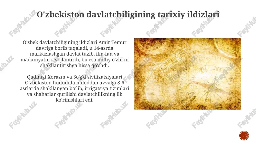 shga turtki bo’ldi. alisher navoiy va boshqa mutafakkirlarning boy adabiy merosini o'rganish, ularning insonparvarlik g'oyalarini targ'ib qilish, ma'naviy yuksalishning asosiy omillaridan biri bo'ldi. mustaqillik yillarida erishilgan yutuqlar ta'lim sohasida tub islohotlar amalga oshirildi, 12 yillik majburiy ta'lim joriy etildi va 2023-yilga kelib oliy ta'lim qamrovi 38 foizga yetdi. iqtisodiyotda diversifikatsiya siyosati olib borildi, xususiy sektorning ulushi oshirildi va 2022-yilda yalpi ichki mahsulot (yaim) hajmi sezilarli darajada o'sdi. mustaqillikning tarixiy ahamiyati mustaqillik, 1991-yilda e'lon qilingan, milliy o'zlikni tikladi va o'zbek tilini davlat tili sifatida mustahkamlab, madaniy yuksalishga yo'l ochdi. mustaqillik tufayli o'zbekiston bmt kabi xalqaro tashkilotlarga a'zo bo'lib, global siyosatda o'z o'rnini topdi va xalqaro huquqlarga ega bo'ldi. xulosa mustaqillik oʼzbekistonga siyosiy, iqtisodiy va madaniy oʼzgarishlar qilish, 1991-yil 1-sentabrdan boshlab milliy davlatchilikni rivojlantirish uchun imkoniyat yaratdi. oʼzbekistonning mustaqillikka erishishi markaziy osiyoda yangi geopolitik vaziyatni shakllantirdi va mintaqaviy hamkorlikni, masalan, 5 davlat oʼrtasidagi aloqalarni mustahkamladi. e'tiboringiz uchun rahmat image4.jpg image5.jpg image6.jpg image7.jpg …