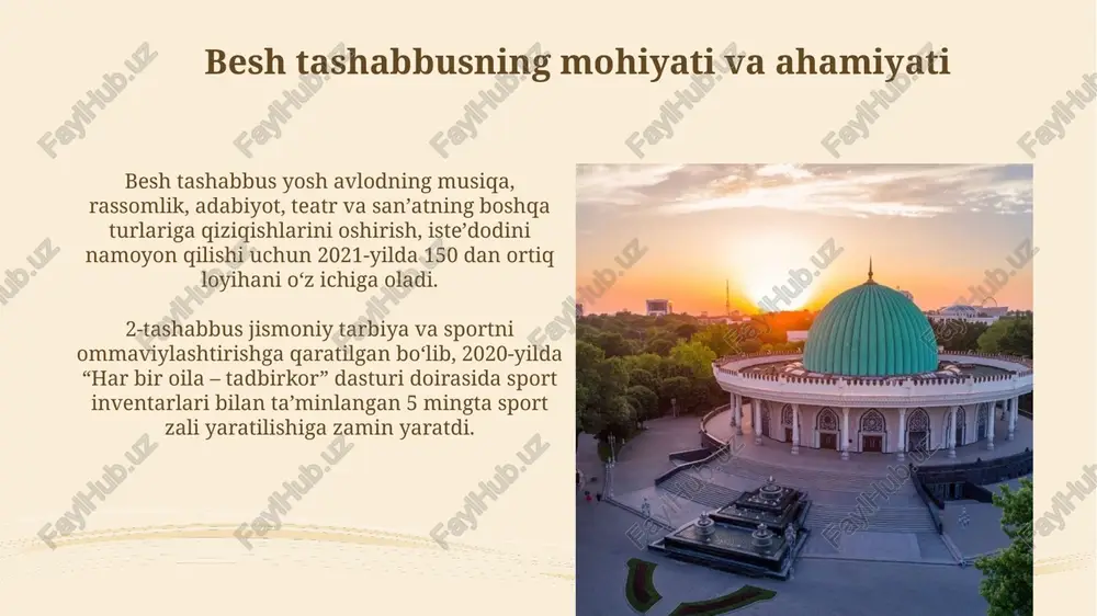 , ularning faoliyati yo'lga qo'yildi. 2017-2021-yillarda respublikaning har bir hududida zamonaviy namunadagi madaniyat saroylari, istirohat bog'lari va amfiteatrlar qurildi hamda mavjudlari rekonstruksiya qilinib, ta'mirlandi. raqamli texnologiyalarni madaniyat sohasiga joriy etish raqamli texnologiyalar madaniyat sohasida tarixiy obidalarni 3d formatda modellashtirish, virtual muzeylar yaratish, ta’lim resurslari va ilmiy tadqiqotlarni raqamlashtirish imkoniyatini beradi. madaniyat sohasida raqamlashtirish orqali 2023-yilda "milliy raqamli kino fondi"ni yaratish, respublika teatrlarining elektronlashtirilgan chipta tizimini va virtual konsert zallarini ishga tushirish ko'zda tutilgan. madaniyat va san'at sohasidagi muammolar va ularning yechimlari ijodkorlarning erkin faoliyati uchun yetarli moliyaviy resurslar ajratilmasligi, bu san’at asarlarining yaratilishiga taʼsir etadi. yechimi – grant dasturlarini ko‘paytirish va homiylarni jalb qilish. milliy madaniyatni targ‘ib qilishda zamonaviy texnologiyalardan foydalanishning sustligi, yosh avlodni jalb etishda muammolar tug‘diradi. yechimi – raqamli platformalar va interaktiv kontent yaratish. kelajak avlod uchun madaniy merosni saqlash va boyitish o‘zbekistonda 2017-2021-yillarda 160 dan ortiq madaniy meros ob’yektlari restavratsiya qilindi, shu jumladan, ichan-qal’a va samarqand kabi …