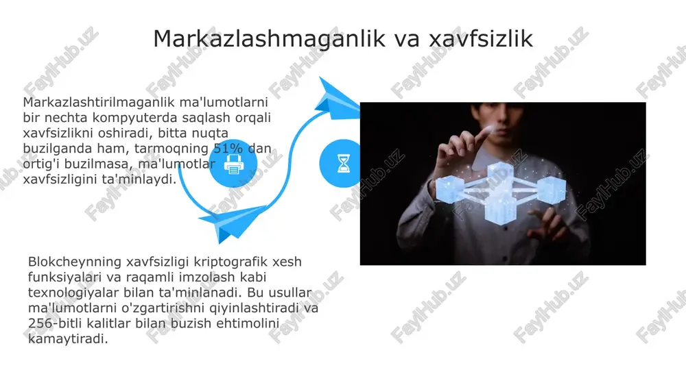siyalar shaffof va izlanuvchan bo'ladi. har bir o'zgarish tarixiy ravishda saqlanadi, bu esa aldash va soxtalashtirish xavfini sezilarli darajada kamaytiradi. blokcheyn ma'lumotlarning xavfsizligini ta'minlaydi. markazlashmagan tizim buzilish xavfini kamaytiradi, chunki ma'lumotlar minglab kompyuterlarda saqlanadi va 51% hujumdan himoyalangan. nima uchun blokcheyn muhim? xavfsizlikning ahamiyati blokcheynning xavfsizligi kriptografik xesh funktsiyalari, masalan, sha-256 orqali ta'minlanadi, bu ma'lumotlarni o'zgartirishni juda qiyinlashtiradi, chunki har qanday o'zgarish zanjirni buzadi. markazlashmagan konsensus mexanizmlari, masalan, proof-of-work (pow) yoki proof-of-stake (pos), 51% hujum xavfini kamaytiradi, bu esa zanjirdagi ma'lumotlarni o'zgartirish uchun katta hisoblash quvvatini talab qiladi. markazlashmagan konsensus mexanizmlari, masalan, proof-of-work (pow) yoki proof-of-stake (pos), 51% hujum xavfini kamaytiradi, bu esa zanjirdagi ma'lumotlarni o'zgartirish uchun katta hisoblash quvvatini talab qiladi. ishonchni ta'minlash blokcheynning o'zgarmasligi, ya'ni ma'lumotlar o'zgartirilmaydi, tarixiy yozuvlarga 100% ishonchni kafolatlaydi. bu muhim, ayniqsa audit va tartibga solishda. markazlashmagan tuzilma har bir bitimning ko'plab nusxalarini taqsimlaydi, bu esa 51% hujum kabi markaziy xavfsizlik buzilishlari ehtimolini kamaytiradi va …