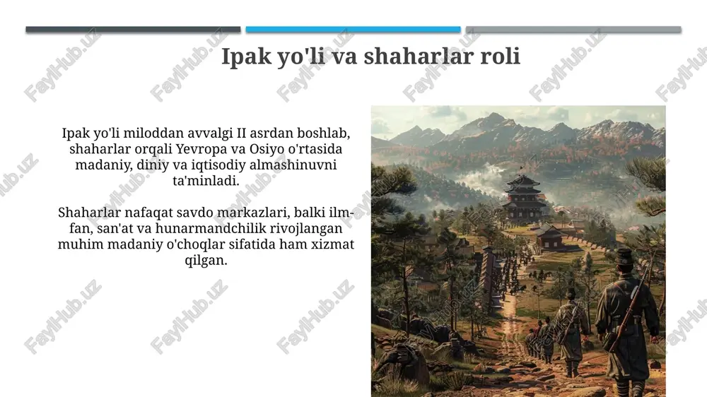 a olib keladi. qadimiy obidalarni saqlashda asosiy muammo, 1990-yillardan keyin resurslar yetishmasligi sababli, konservatsiya va restavratsiya ishlarining yetarli darajada olib borilmasligidir. xulosa: qadimgi shaharlar bugungi kunda ko'plab qadimiy shaharlar xarobalari, masalan, afrosiyob, arxeologik tadqiqotlar markazi bo'lib, ularning 2500 yillik tarixini aks ettiruvchi madaniy qatlamlarni ochadi. bugungi kunda qadimiy shahar ichida yoki yaqinida turizm rivojlangan: ichan-qal’a va buxoro kabi joylarga millionlab sayyohlar keladi. e'tiboringiz uchun rahmat image1.jpg image2.jpg image3.jpg image4.jpg image5.jpg image6.jpg image7.jpg image8.jpg image9.jpg image10.jpg image11.jpg image12.jpg image13.jpg image14.jpg image15.jpg image16.jpg image17.jpg