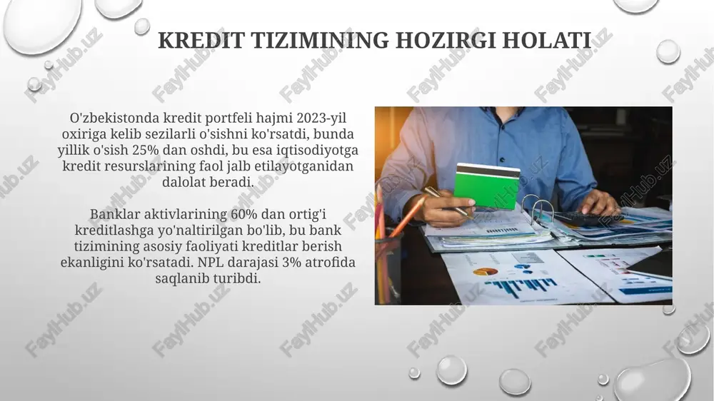 tni kuchaytirish zarur. kredit xatarlarining yuqoriligi sababli, kredit sugʻurtasi mexanizmini joriy etish va risklarni baholash tizimini takomillashtirish orqali xatarlarni 20 foizga kamaytirish mumkin. qonunchilik va me'yoriy-huquqiy baza oʻzbekiston respublikasining "banklar va bank faoliyati toʻgʻrisida"gi qonuni (2020-yil) bank tizimini tartibga soladi, kreditlash faoliyatining asosiy tamoyillarini belgilab, banklar uchun litsenziyalash tartibini oʻrnatadi. markaziy bankning meʼyoriy hujjatlari, jumladan, 234-sonli nizom (2007-yil) kredit tashkilotlarining faoliyatini nazorat qiladi, kredit siyosatini, shu jumladan, kredit stavkalarini va kreditlash shartlarini tartibga soladi. moliyaviy savodxonlikni oshirish aholining moliyaviy savodxonligini oshirish kreditlar, investitsiyalar va pensiya jamg'armalari kabi moliyaviy mahsulotlar bo'yicha 101 asosiy tushunchalarni tushunish va ulardan oqilona foydalanishni anglatadi. 2024-yilda o'zbekistonda aholining moliyaviy savodxonlik darajasini oshirish uchun davlat dasturi qabul qilinib, unda maktablarda moliyaviy ta'limni joriy etish va o'quv kurslarini tashkil etish rejalashtirilgan. kredit tizimining iqtisodiy o'sishga ta'siri kredit tizimi korxonalarga investitsiya kiritishga yordam berib, ishlab chiqarishni 15-20% ga oshiradi va yangi ish o'rinlarini yaratadi, bu esa iqtisodiy o'sishga xizmat …