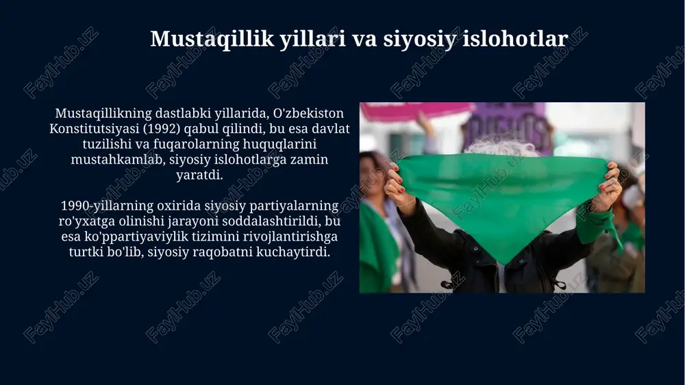 landi, bu esa ularning nodavlat tashkilotlardagi rolini oshirdi. xalqaro hamkorlik va demokratik tamoyillarni qo'llab-quvvatlash o'zbekiston 1990-yillardan boshlab bmt, yexht kabi xalqaro tashkilotlar bilan inson huquqlari va demokratik institutlarni mustahkamlash bo'yicha hamkorlikni yo'lga qo'ydi. respublikada 20 dan ortiq xalqaro nodavlat tashkilotlar demokratik islohotlarni qo'llab-quvvatlash maqsadida grant dasturlari va texnik yordam loyihalarini amalga oshirmoqda. erishilgan yutuqlar va istiqboldagi vazifalar 2017-yildan buyon 150 dan ortiq qonun hujjatlari qabul qilinib, davlat boshqaruvida shaffoflik oshirildi va jamoatchilik nazorati mexanizmlari kuchaytirildi. sud-huquq sohasida 70 dan ziyod islohotlar amalga oshirilib, sudlarning mustaqilligi ta'minlandi va inson huquqlari himoyasi kuchaytirildi. xulosa oʻzbekistonda demokratik jamiyat qurishda siyosiy partiyalarning roli 5 tadan ortiq boʻlib, ular fuqarolarning manfaatlarini ifoda etishda muhim ahamiyatga ega. fuqarolik jamiyatini rivojlantirish uchun 100 dan ortiq nodavlat tashkilotlar faoliyat yuritmoqda, ularning asosiy maqsadi ijtimoiy muammolarni hal qilishga qaratilgan. e'tiboringiz uchun rahmat image5.png image6.jpg image7.jpg image8.jpg image9.jpg image10.jpg image11.jpg image12.jpg image13.jpg image14.jpg image15.jpg image16.jpg image17.jpg image18.jpg image19.jpg image20.jpg image21.jpg …
