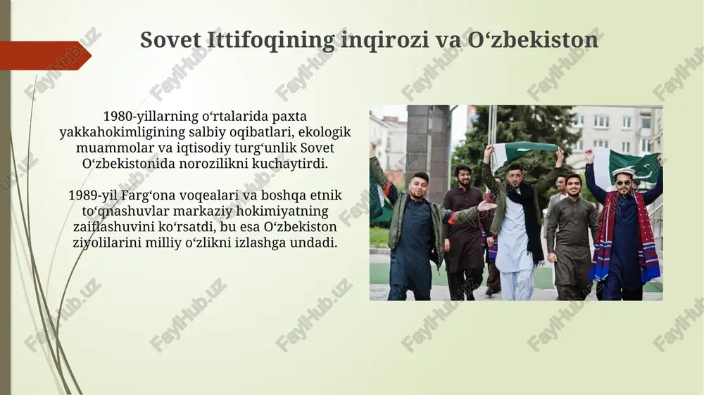 ifoq tarkibidagi respublikalar uchun oʻz taqdirini oʻzi belgilash huquqini rasmiylashtirdi. oʻzbekiston mustaqilligining eʼlon qilinishi mamlakatda ijtimoiy-siyosiy, iqtisodiy va madaniy sohalarda tub islohotlar oʻtkazish uchun zamin yaratdi, milliy oʻzlikni anglashni kuchaytirdi. e'tiboringiz uchun rahmat image1.png image2.jpg image3.jpg image4.jpg image5.jpg image6.jpg image7.jpg image8.jpg image9.jpg image10.jpg image11.jpg image12.jpg image13.jpg image14.jpg image15.jpg image16.jpg