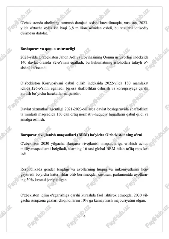bo'ldi. xalqaro hamkorlik va tashabbuslar o'zbekiston bmtning 75-sessiyasida kambag'allikka qarshi kurash, ta'lim va inson huquqlari bo'yicha muhim global tashabbuslarni ilgari surdi, bu xalqaro hamkorlikni kuchaytirdi. o'zbekiston shanxay hamkorlik tashkiloti (shht) doirasida mintaqaviy xavfsizlikni ta'minlash, iqtisodiy hamkorlikni rivojlantirish va madaniy almashinuvni kengaytirishda faol ishtirok etadi. respublika 2030 yilgacha barqaror rivojlanish maqsadlariga erishish uchun bir qator xalqaro loyihalarda qatnashmoqda va bu jarayonda g'arb davlatlarining ilg'or tajribasini o'zlashtirmoqda. reytinglarga ta'sir etuvchi omillar: tahlil iqtisodiy o'sish sur'atlari yaim hajmining oshishi, inflatsiya darajasi va investitsiya muhitining yaxshilanishi kabi omillar xalqaro reytinglarga sezilarli ta'sir ko'rsatadi. davlat boshqaruvi samaradorligi, korrupsiyaga qarshi kurashish ko'rsatkichlari va qonun ustuvorligi kabi mezonlar mamlakatning nufuzini baholashda muhim rol o'ynaydi. ta'lim tizimi sifati, sog'liqni saqlash xizmatlarining qamrovi va inson kapitali rivojlanishi indekslari o'zbekistonning global raqobatbardoshligiga ta'sir etuvchi asosiy omillardan hisoblanadi. erishilgan yutuqlar va muammolar o'zbekistonning global innovation index (gii) reytingida 2023-yilda 7 pog'onaga ko'tarilib, 82-o'rinni egallashi innovatsion salohiyatning oshganini ko'rsatadi, ammo tadqiqot va …