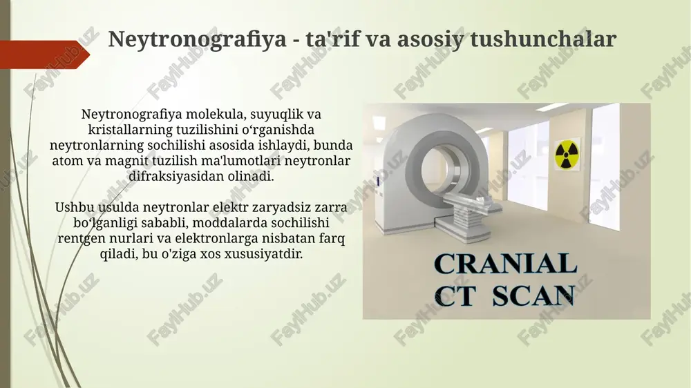 ari va istiqbollari neytronografiyada yangi yuqori oqimli neytron manbalari (masalan, evropa spalatsiya manbai ess) imkoniyatlari 100 barobarga oshirib, nanostrukturalarni tadqiq qilishda yangi darajaga ko'taradi. rentgen nurlarida, 3d-tomografiya usullarining rivojlanishi (kompyuter tomografiyasi) anatomiya va fiziologiyani aniqroq tasvirlash imkonini beradi hamda diagnostika aniqligini 25% ga oshiradi. xulosa rentgenografiya va neytronografiya usullari tibbiyotda muhim ahamiyatga ega, suyaklar va to'qimalarni tasvirlashda rentgen, atom tuzilishini aniqlashda neytronlar qo'llaniladi. rentgen tekshiruvi ichki organlar holatini baholashda yordam bersa, neytron tadqiqoti materialshunoslikda yangi imkoniyatlar ochadi, atomlarning joylashuvini aniqlashga yordam beradi. e'tiboringiz uchun rahmat image1.jpg image2.jpg image3.jpg image4.jpg image5.jpg image6.jpg image7.jpg image8.jpg image9.jpg image10.jpg image11.jpg image12.jpg image13.jpg image14.jpg image15.jpg