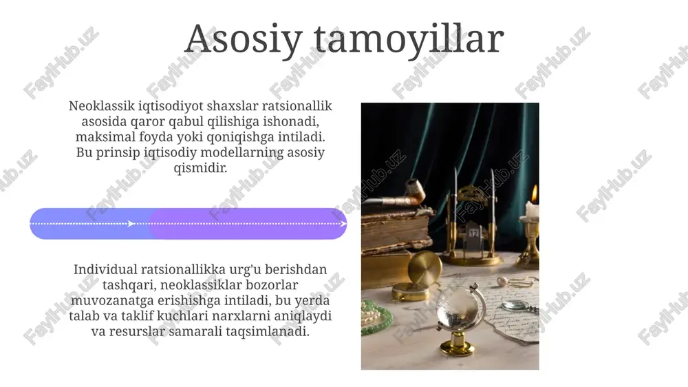 deldagi ratsionallik farazi shuni anglatadiki, barcha agentlar mukammal ma'lumotga ega, bu esa real dunyoda, ayniqsa noaniqlik yuqori bo'lganda, 100% to'g'ri bo'lmasligi mumkin. zamonaviy iqtisodiyotdagi o'rni neoklassik model asoslari, masalan, samaradorlik va muvozanat tahlili, zamonaviy mikroiqtisodiyotning asosiy qismi bo'lib, iqtisodiy siyosatni shakllantirishda muhim rol o'ynaydi. ratsional kutishlar va samarali bozor farazlari kabi neoklassik tushunchalar zamonaviy moliyaviy modellar va makroiqtisodiy siyosatni, jumladan markaziy bank siyosatini shakllantirishga ta'sir qiladi. xulosa neoklassik maktab o'zining 19-asr oxiridagi shakllanishidan beri iqtisodiy tahlil uchun asosiy asos bo'lib, bozor samaradorligini ta'kidlaydi. maktabning ta'siri 20-asrning aksariyat qismida va undan keyin ham iqtisodiy fikr va siyosatga katta ta'sir ko'rsatgan holda davom etdi. e'tiboringiz uchun rahmat image4.jpg image5.jpg image6.jpg image7.jpg image8.jpg image9.jpg image10.jpg image11.jpg image12.jpg image13.jpg image14.jpg image15.jpg image16.jpg image17.jpg image18.jpg image19.jpg image20.jpg image1.jpeg image2.jpeg image3.jpeg