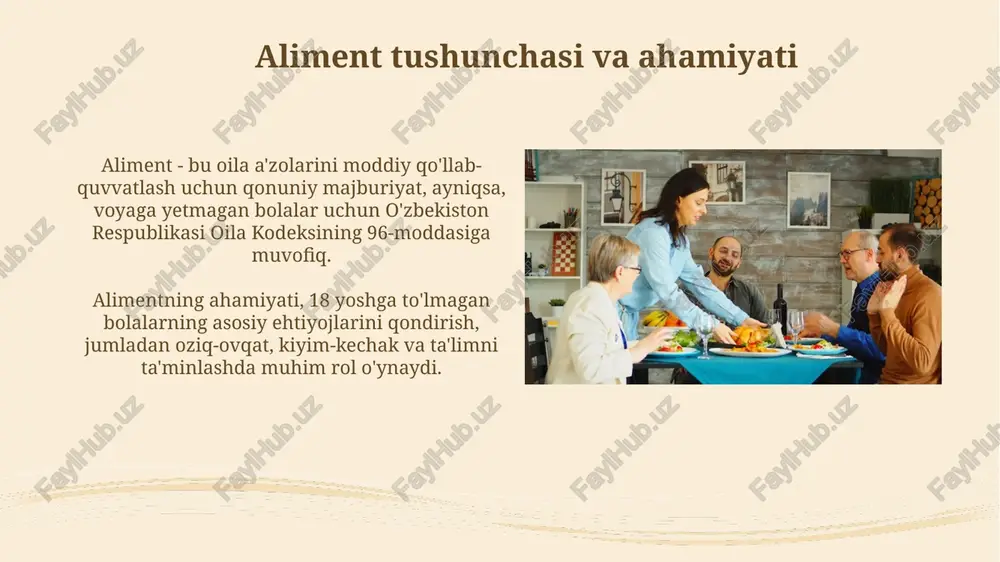 aliment majburiyatini buzganlik uchun jinoyat kodeksining 122-moddasiga ko'ra, 3 yilgacha axloq tuzatish ishlari yoki 1 yilgacha ozodlikdan mahrum qilish jazosi qo'llanilishi mumkin. aliment bo'yicha xalqaro majburiyatlar aliment bo'yicha xalqaro majburiyatlar 1956-yilgi nyu-york konvensiyasi orqali tartibga solinadi, bu esa aliment talablarini bir davlatdan boshqasiga o'tkazishga yordam beradi. hague konvensiyasi aliment bo'yicha ishlarni ko'rib chiqish uchun yagona qoidalar o'rnatadi, masalan, aliment miqdorini hisoblash va uni undirish tartibi 2007-yildan beri qo'llaniladi. xulosa va tavsiyalar oziq-ovqat majburiyatlari bo'yicha qonunchilikni takomillashtirish uchun 2024-yilda oila kodeksiga qo'shimcha o'zgartishlar kiritish maqsadga muvofiqdir. sud amaliyotida aliment to'lashdan bo'yin tovlash holatlari 15 foizga kamaytirish uchun yangi mexanizmlarni ishlab chiqish zarur. e'tiboringiz uchun rahmat image2.png image3.jpg image4.jpg image5.jpg image6.jpg image7.jpg image8.jpg image9.jpg image10.jpg image11.jpg image12.jpg image13.jpg image14.jpg image15.jpg image16.jpg image17.jpg image18.jpg image19.jpg