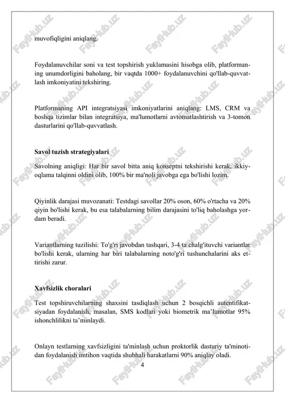 hinuvini 100% taʼminlaydi va sinov natijalarini avtomatik ravishda lmsga yuklaydi. api (application programming interface) orqali onlayn testlarni o'quv resurslari bilan integratsiya qilish, talabalarga 7/24 sinovlarga kirish imkoniyatini yaratadi va o'quv jarayonining samaradorligini oshiradi. test natijalarini tahlil qilish uchun ma'lumotlarni vizualizatsiya qilish vositalari (masalan, 95% ishonch intervali) bilan integratsiya, o'qituvchilarga o'quv dasturini optimallashtirish va individual yondashuvni qo'llashga yordam beradi. kelajakdagi tendensiyalar kelajakda adaptiv testlash 2.0 rivojlanadi, unda ai algoritmlari talabalarning 95% ko'nikmalarini aniq baholab, ularga moslashtirilgan topshiriqlar beradi. blokcheyn texnologiyasi 2028-yilga kelib onlayn testlarda 70% xavfsizlikni ta'minlaydi va 360° ishonchlilikni oshiradi, natijada soxtalashtirish kamayadi. vr va ar 2030-yilga kelib test topshirish jarayoniga integratsiya qilinadi, bunda 80% simulyatsiya holatlari real sharoitni aks ettiradi va amaliy ko'nikmalarni baholaydi. muvaffaqiyatli keyslar coursera 2012-yilda onlayn kurslar orqali 190 dan ortiq mamlakatdan 100 minglab talabalarga ta’lim berishda muvaffaqiyatga erishdi va ta’lim olish imkoniyatini kengaytirdi. khan academy bepul onlayn ta’lim platformasi 2008-yilda tashkil etilgan bo‘lib, matematika, fan …